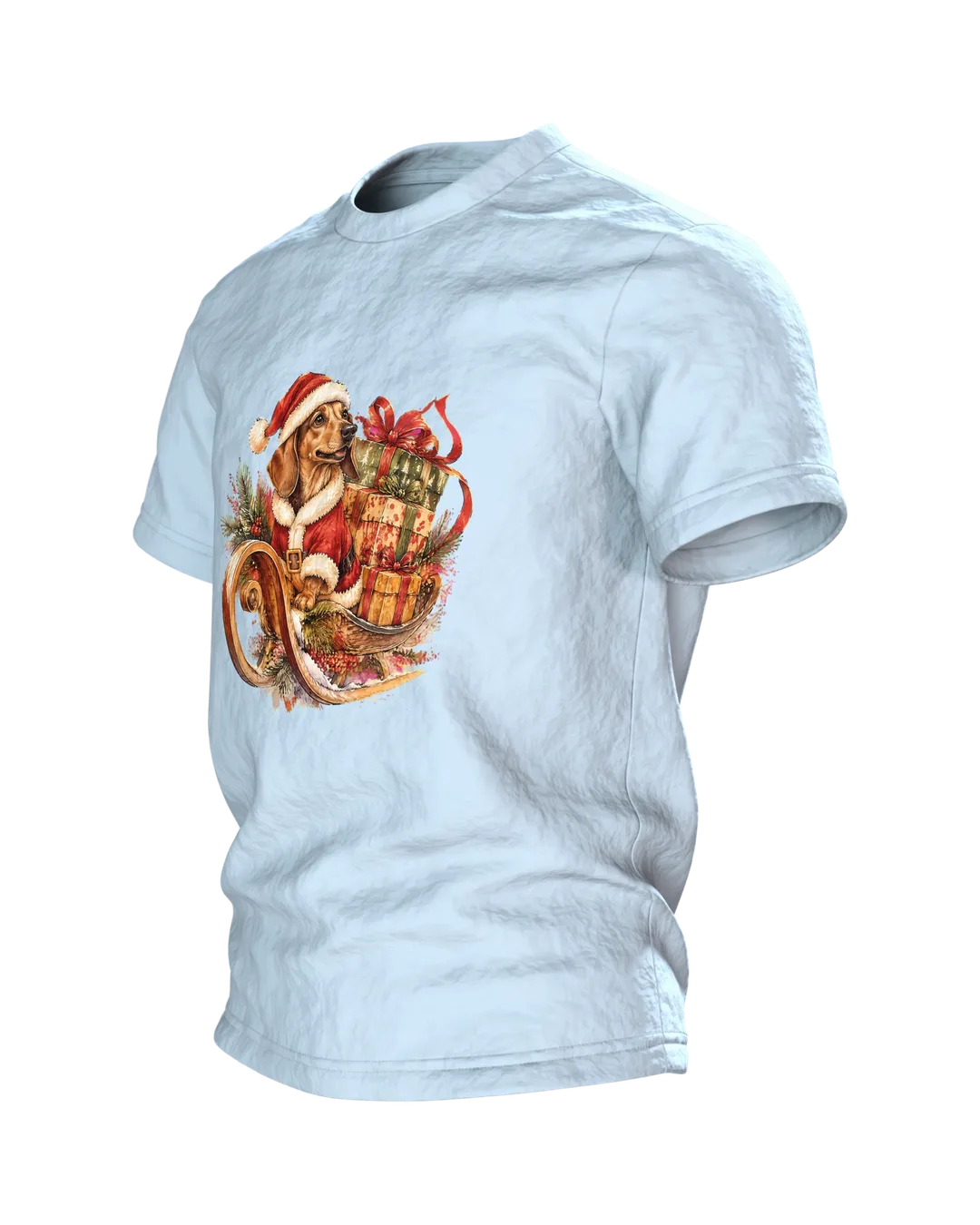 Weihnachtsdackel im Schlitten T-Shirt, Entwurfsfassung, Seitenansicht rechts