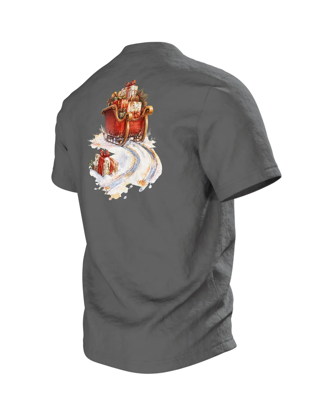 Weihnachtsdackel im Schlitten T-Shirt, Entwurfsfassung, Rückseite schräg links