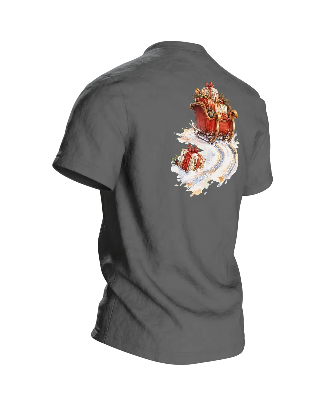 Weihnachtsdackel im Schlitten T-Shirt, Entwurfsfassung, Rückseite schräg rechts