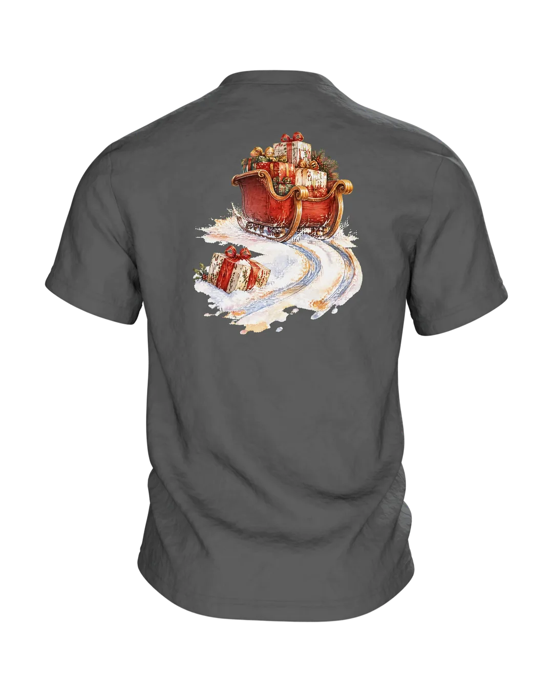 Weihnachtsdackel im Schlitten T-Shirt, Entwurfsfassung, Rückseite
