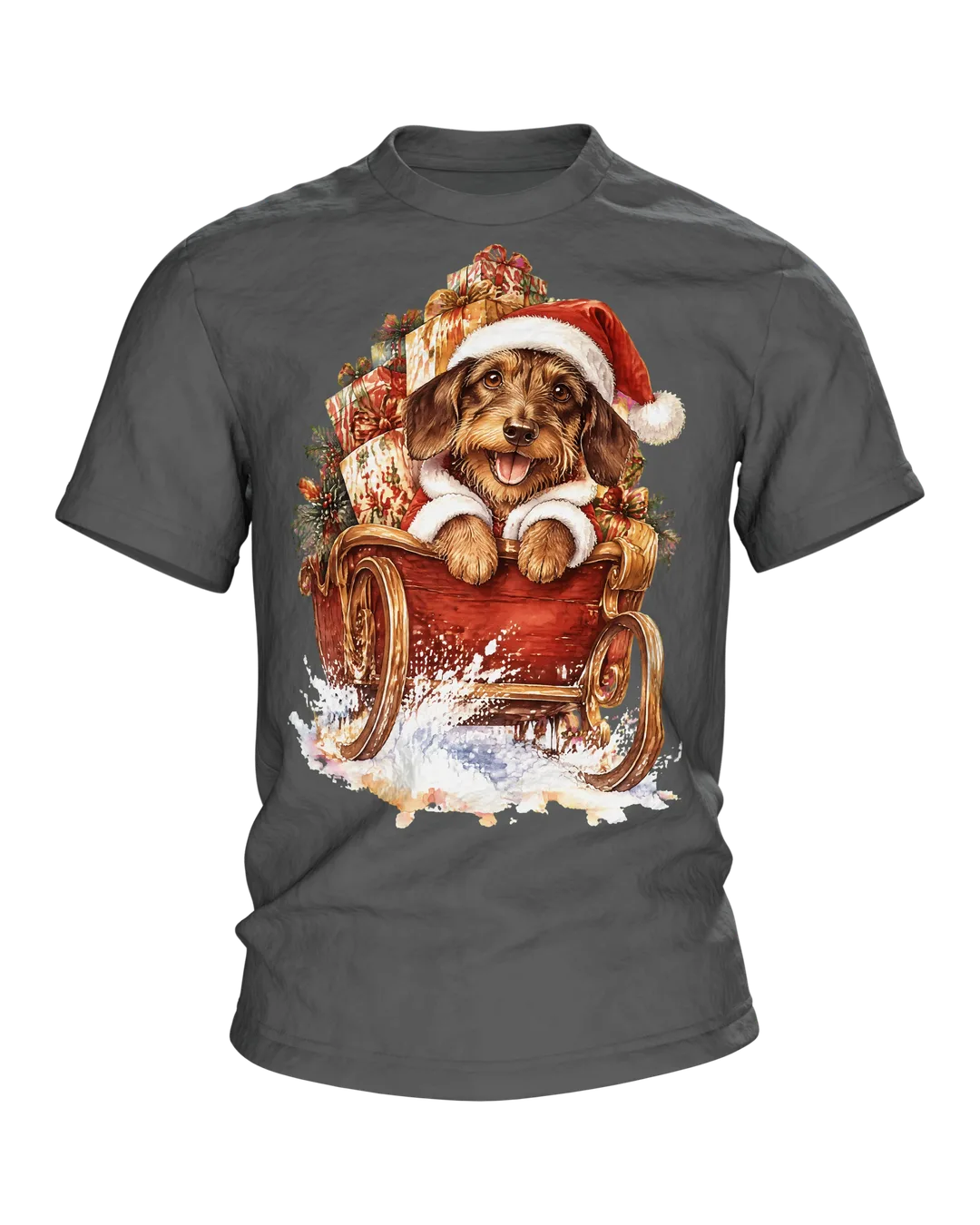 Dackel Weihnachtsmann Schlitten T-Shirt: Warme Aquarell-Illustration