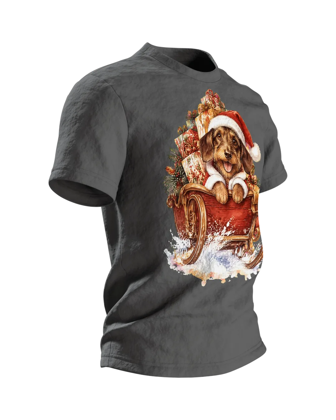 Weihnachtsdackel im Schlitten T-Shirt, Entwurfsfassung, Seitenansicht links