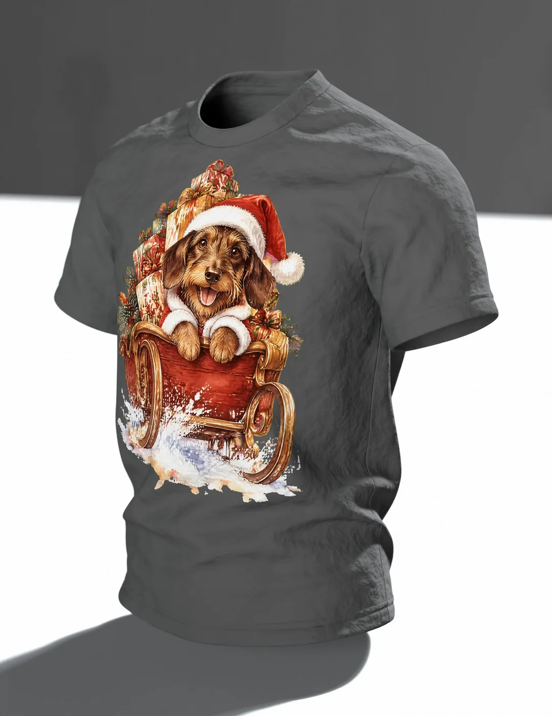 Weihnachtsdackel im Schlitten T-Shirt, Entwurfsfassung, Im Raum, schräg