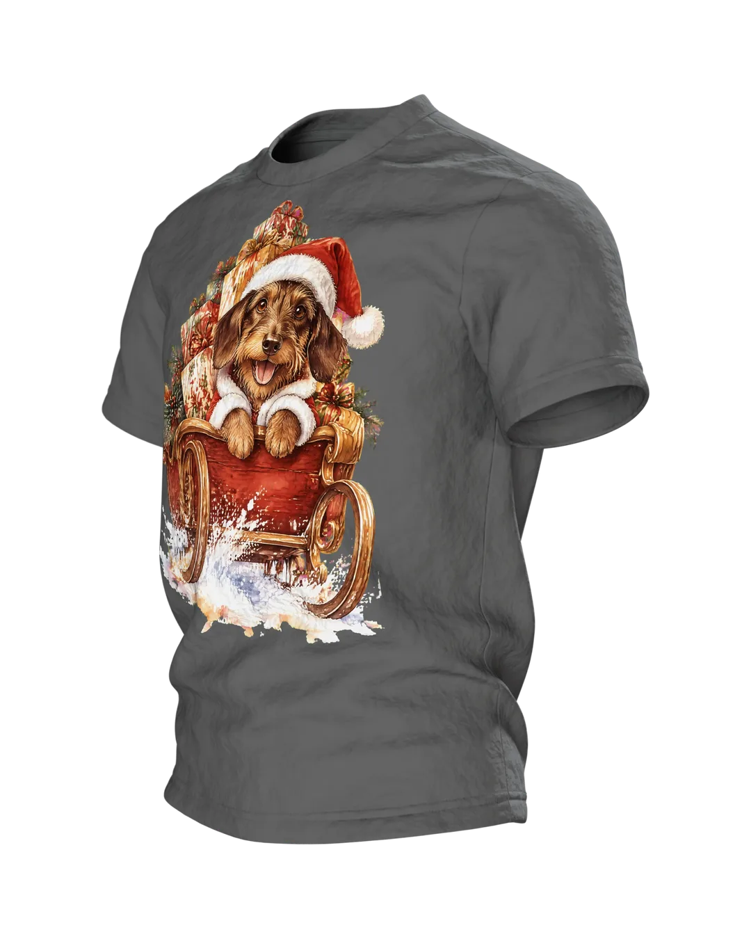 Weihnachtsdackel im Schlitten T-Shirt, Entwurfsfassung, Seitenansicht rechts