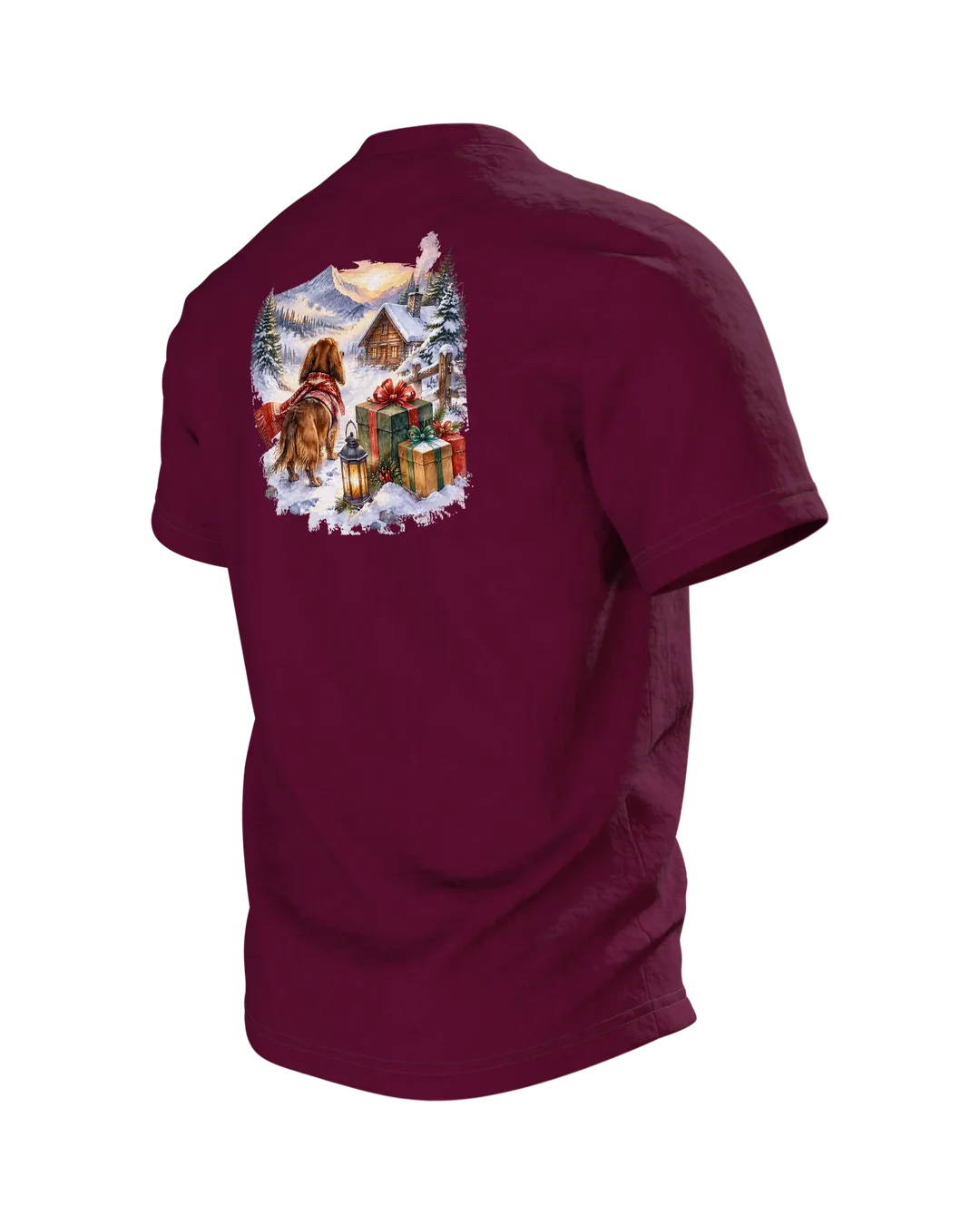 Weihnachtshund T-Shirt: Dackel als Weihnachtsmann im Geschenkeschlitten, Aquarell mit Blockhütte im Schnee auf dem Rücken, Rückseite schräg links