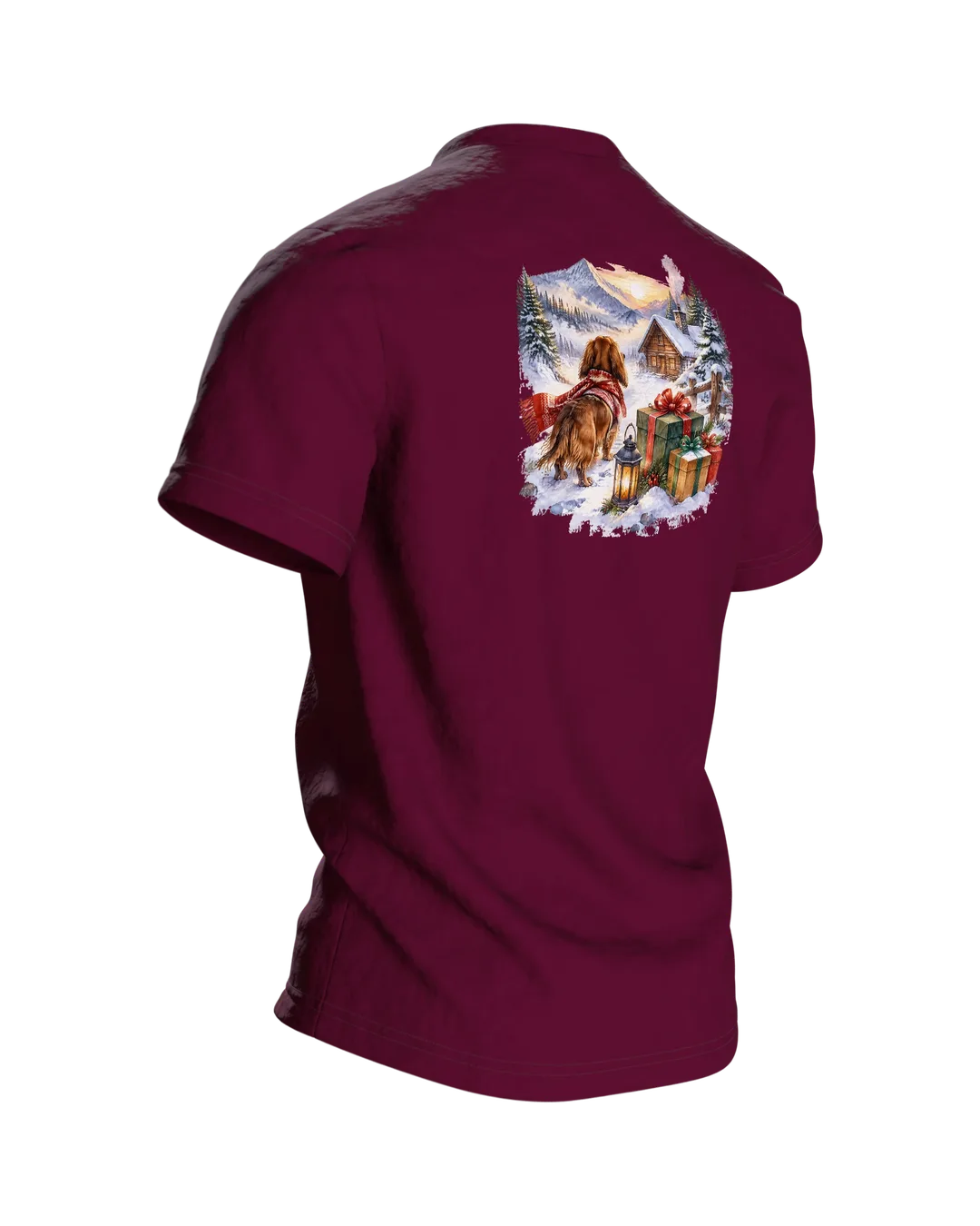 Weihnachtshund T-Shirt: Dackel als Weihnachtsmann im Geschenkeschlitten, Aquarell mit Blockhütte im Schnee auf dem Rücken, Rückseite schräg rechts