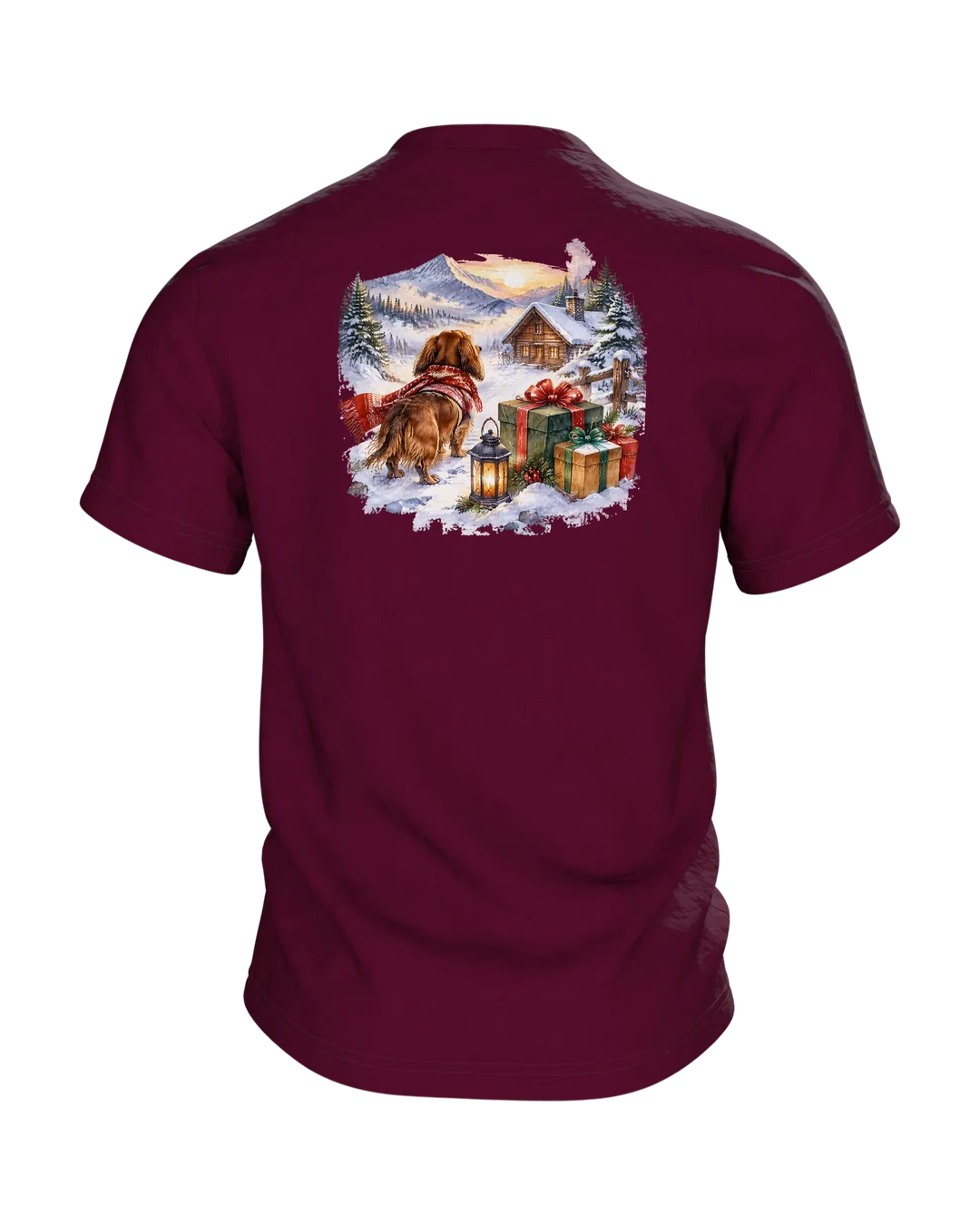 Weihnachtshund T-Shirt: Dackel als Weihnachtsmann im Geschenkeschlitten, Aquarell mit Blockhütte im Schnee auf dem Rücken, Rückseite