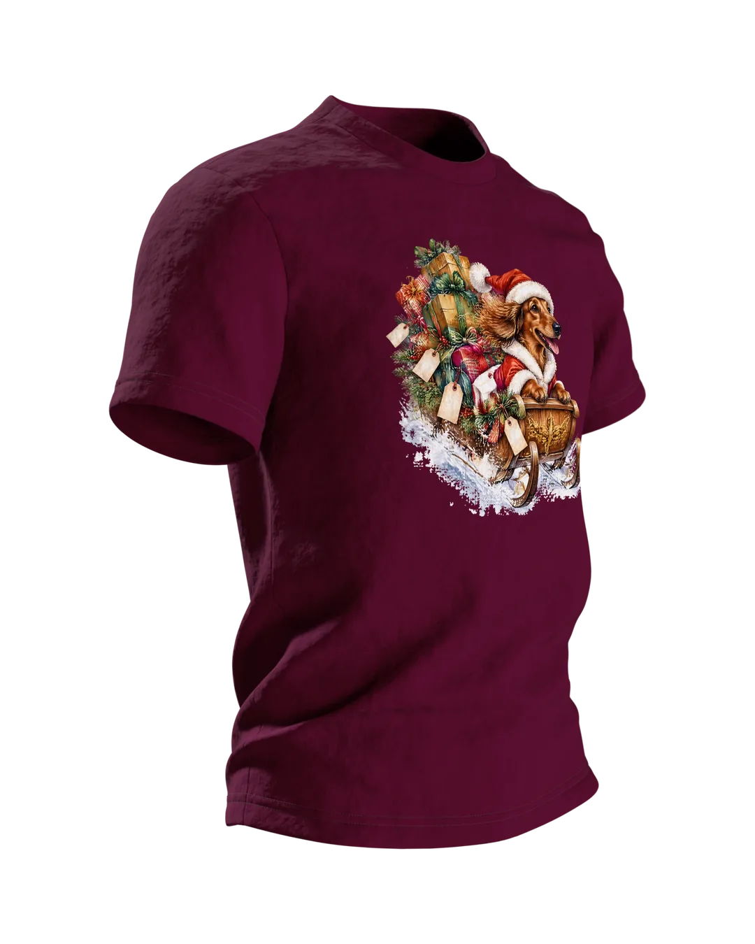 Weihnachtshund T-Shirt: Dackel als Weihnachtsmann im Geschenkeschlitten, Aquarell mit Blockhütte im Schnee auf dem Rücken, Seitenansicht links