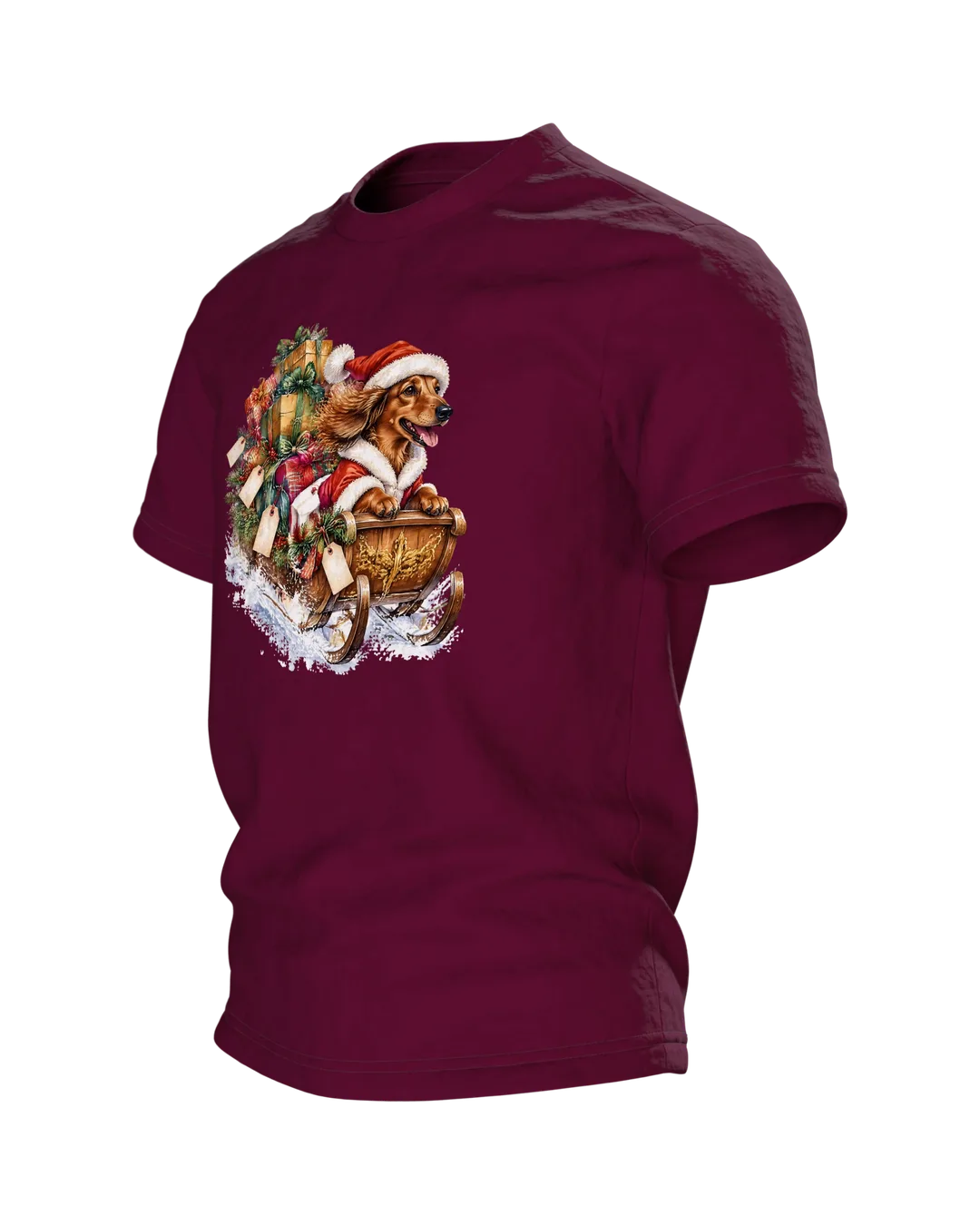 Weihnachtshund T-Shirt: Dackel als Weihnachtsmann im Geschenkeschlitten, Aquarell mit Blockhütte im Schnee auf dem Rücken, Seitenansicht rechts