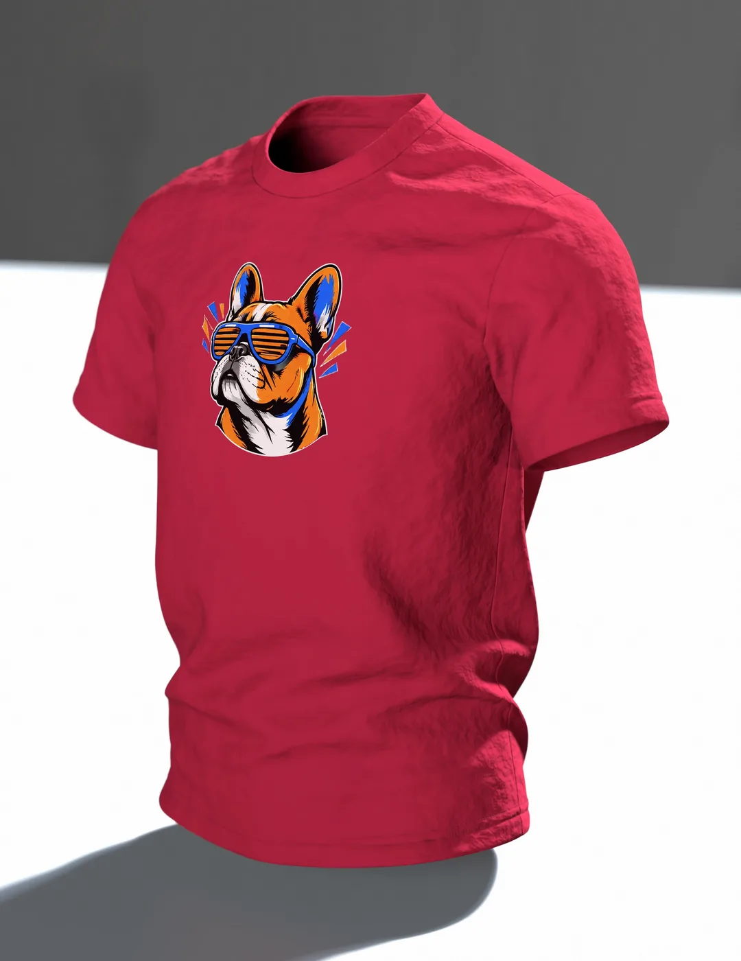 Französische Bulldogge mit Sonnenbrille T-Shirt, Entwurfsfassung, Im Raum, schräg