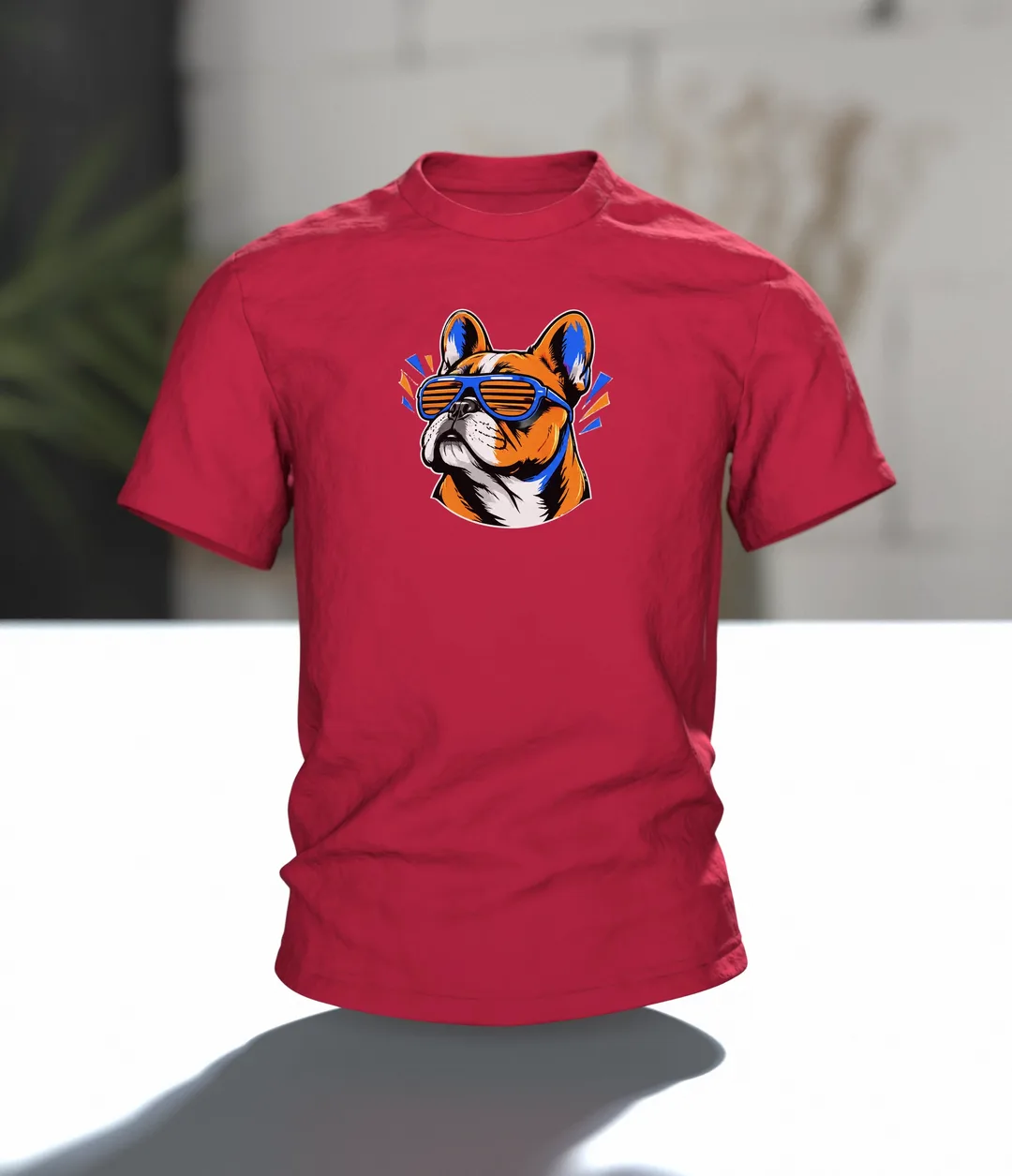 Französische Bulldogge mit Sonnenbrille T-Shirt, Entwurfsfassung, Im Raum