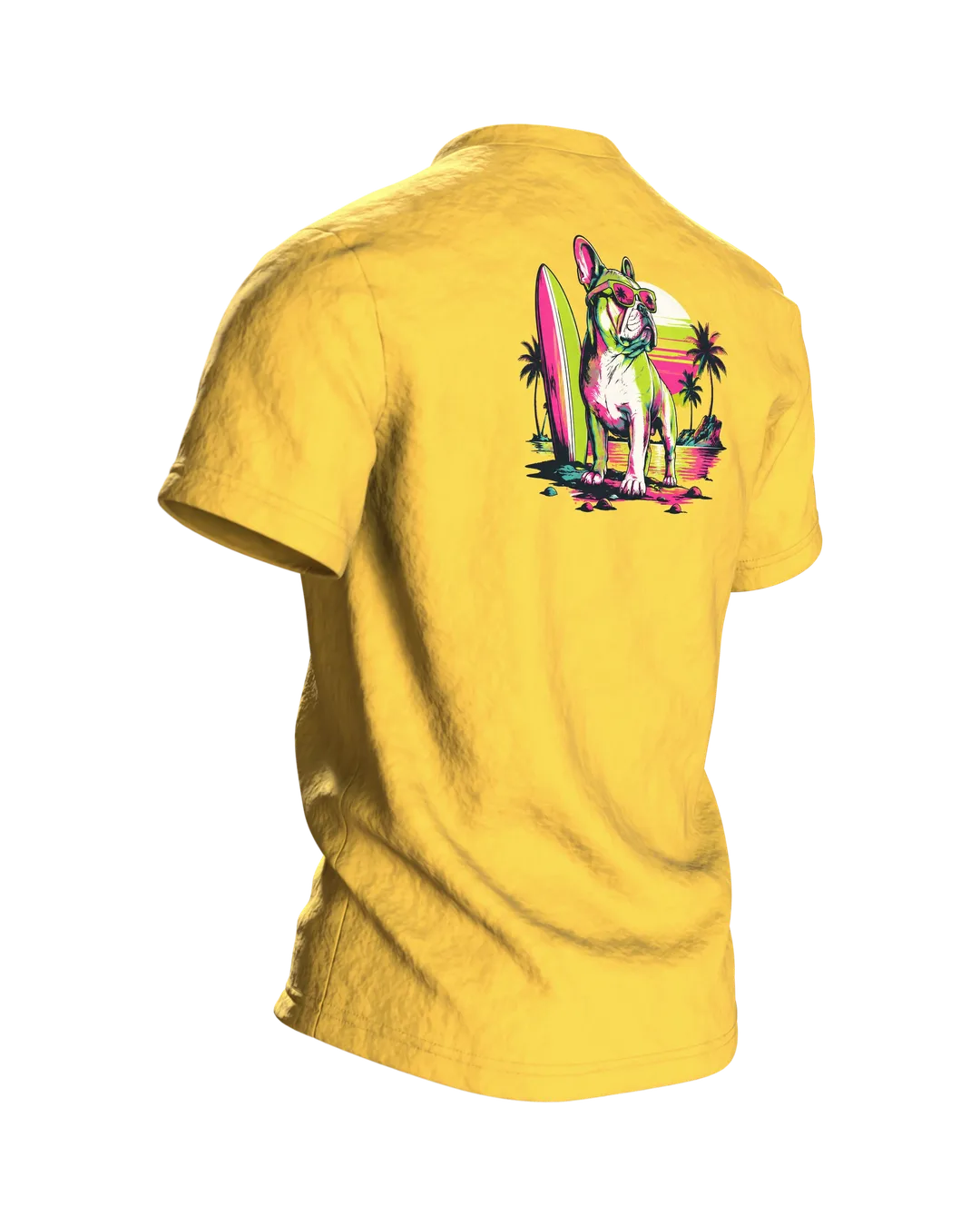 Französische Bulldogge mit Sonnenbrille T-Shirt, Entwurfsfassung, Back, angled right