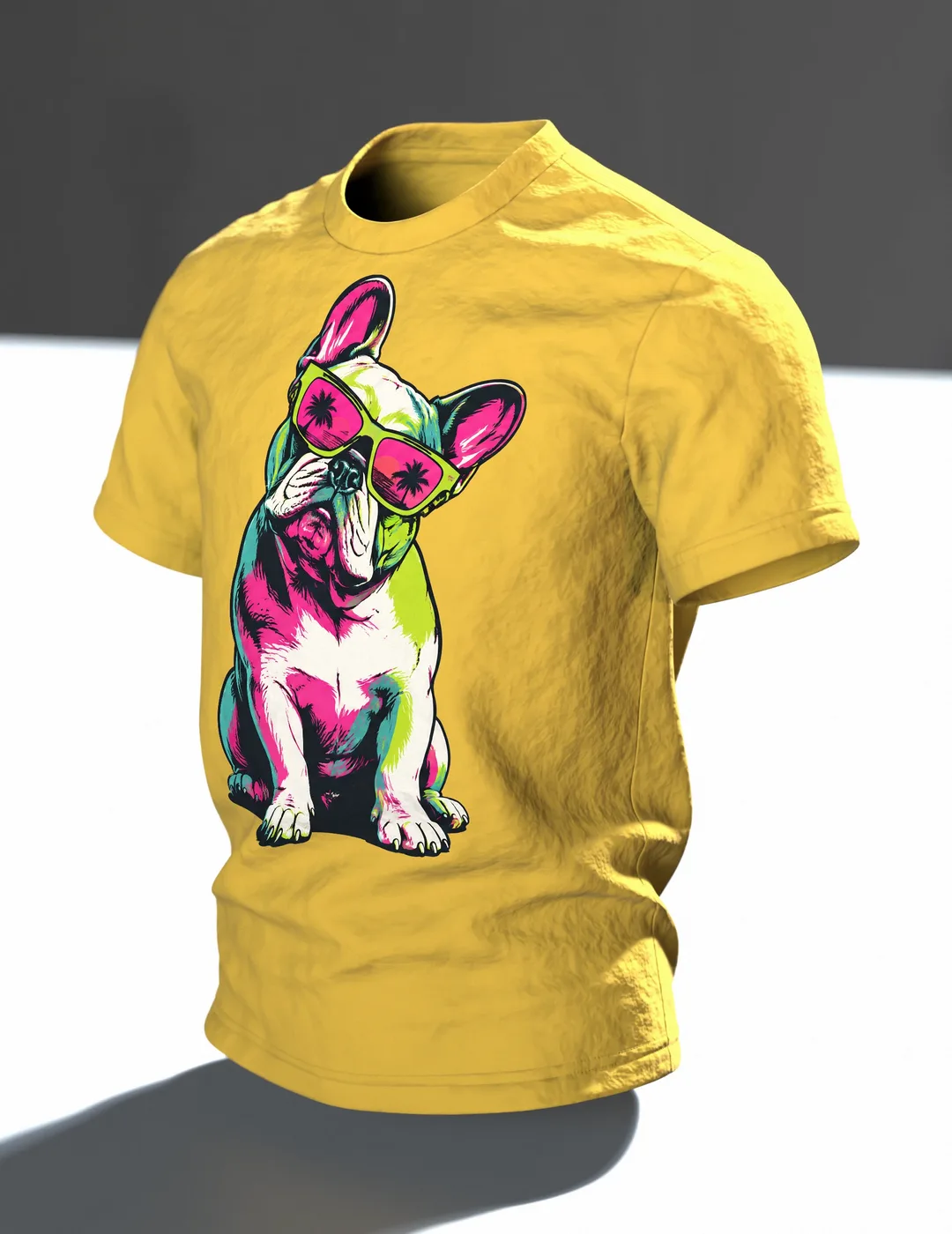 Französische Bulldogge mit Sonnenbrille T-Shirt, Entwurfsfassung, In context, angled