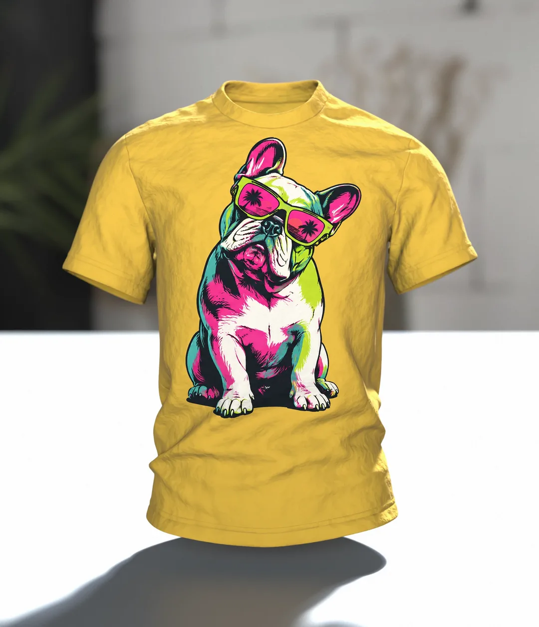 Französische Bulldogge mit Sonnenbrille T-Shirt, Entwurfsfassung, In context