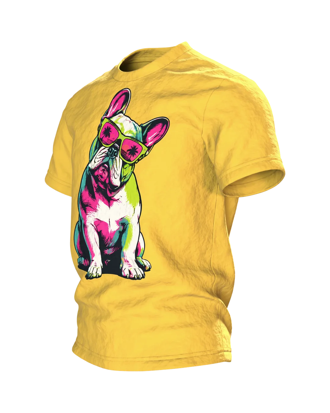 Französische Bulldogge mit Sonnenbrille T-Shirt, Entwurfsfassung, Side view, right