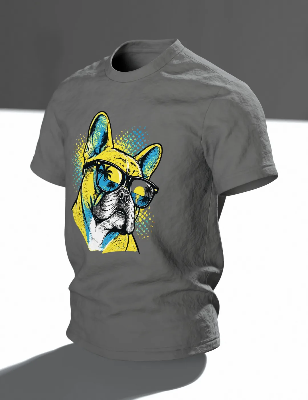 French Bulldog Shirt for Men, Pop Art "French Bulldog with Sunglasses" Tee, Gift for Dog Owners, In context, angled
