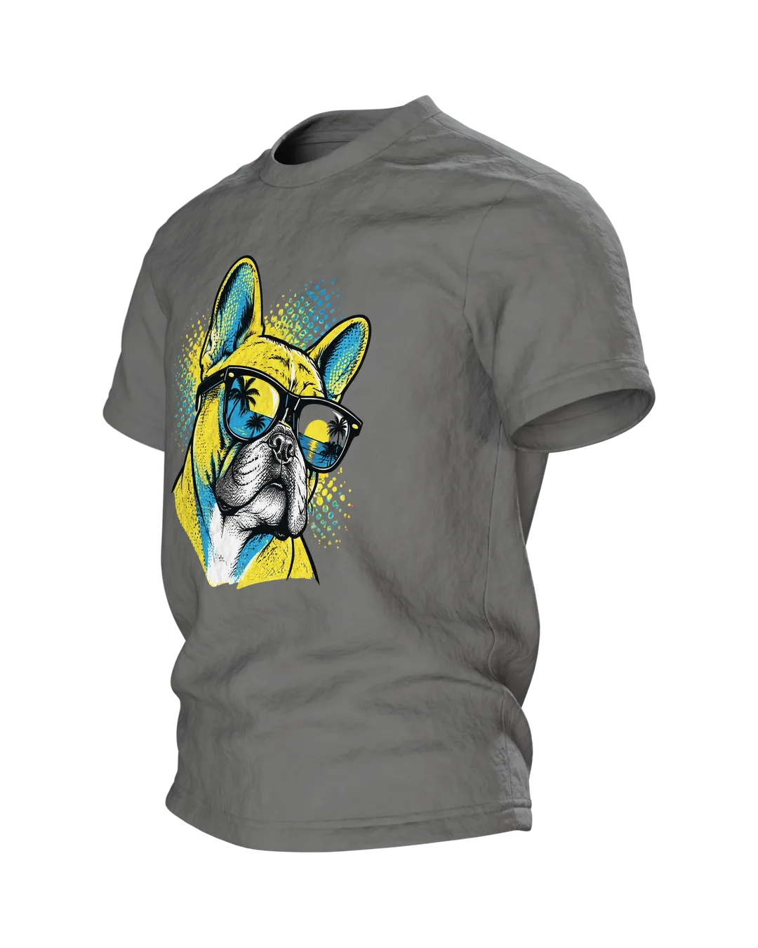 French Bulldog Shirt for Men, Pop Art "French Bulldog with Sunglasses" Tee, Gift for Dog Owners, Side view, right