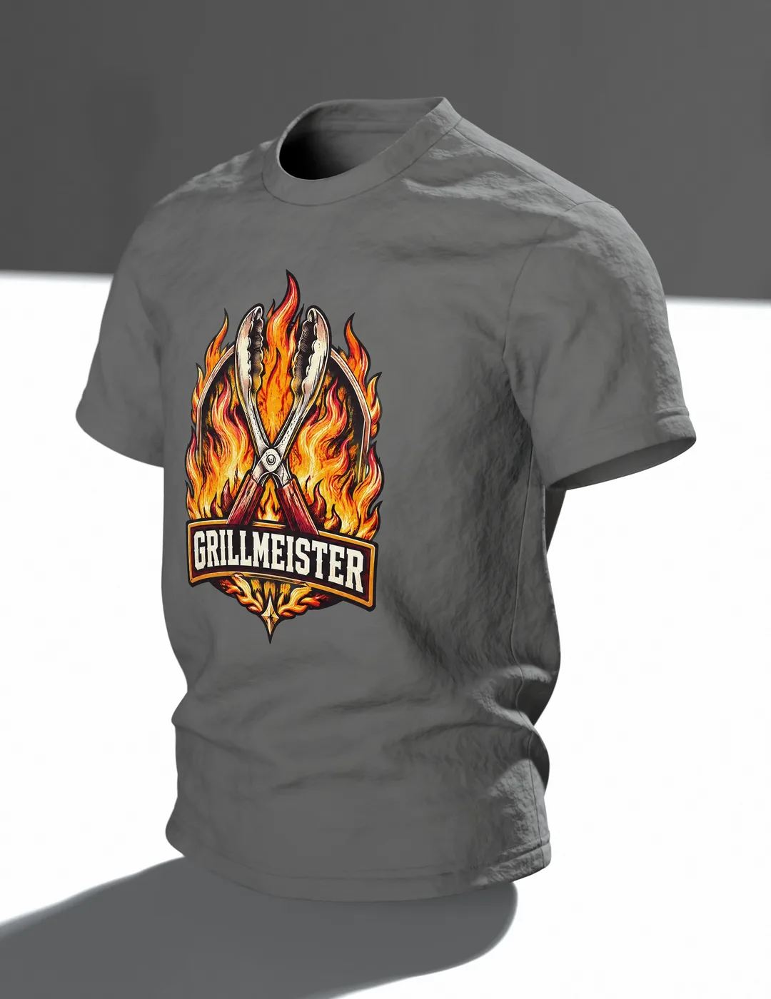 Grillmeister Wappen T-Shirt, Entwurfsfassung, Im Raum, schräg