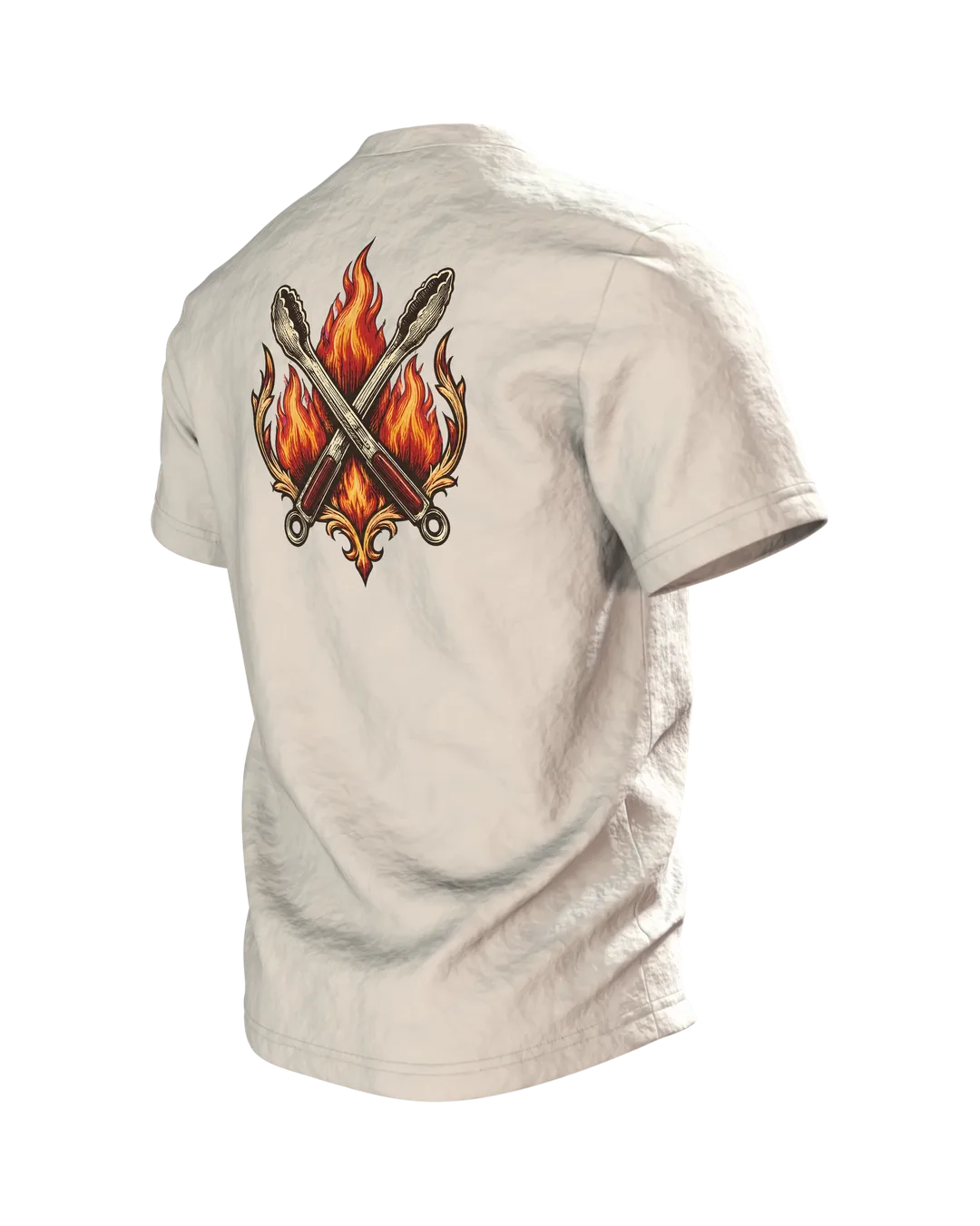 Grillzange T-Shirt „GRILLMEISTER“ Retro-Wappen mit Flammen im Kupferstich-Stil, BBQ Geschenk für Papa und Herren, Rückseite schräg links