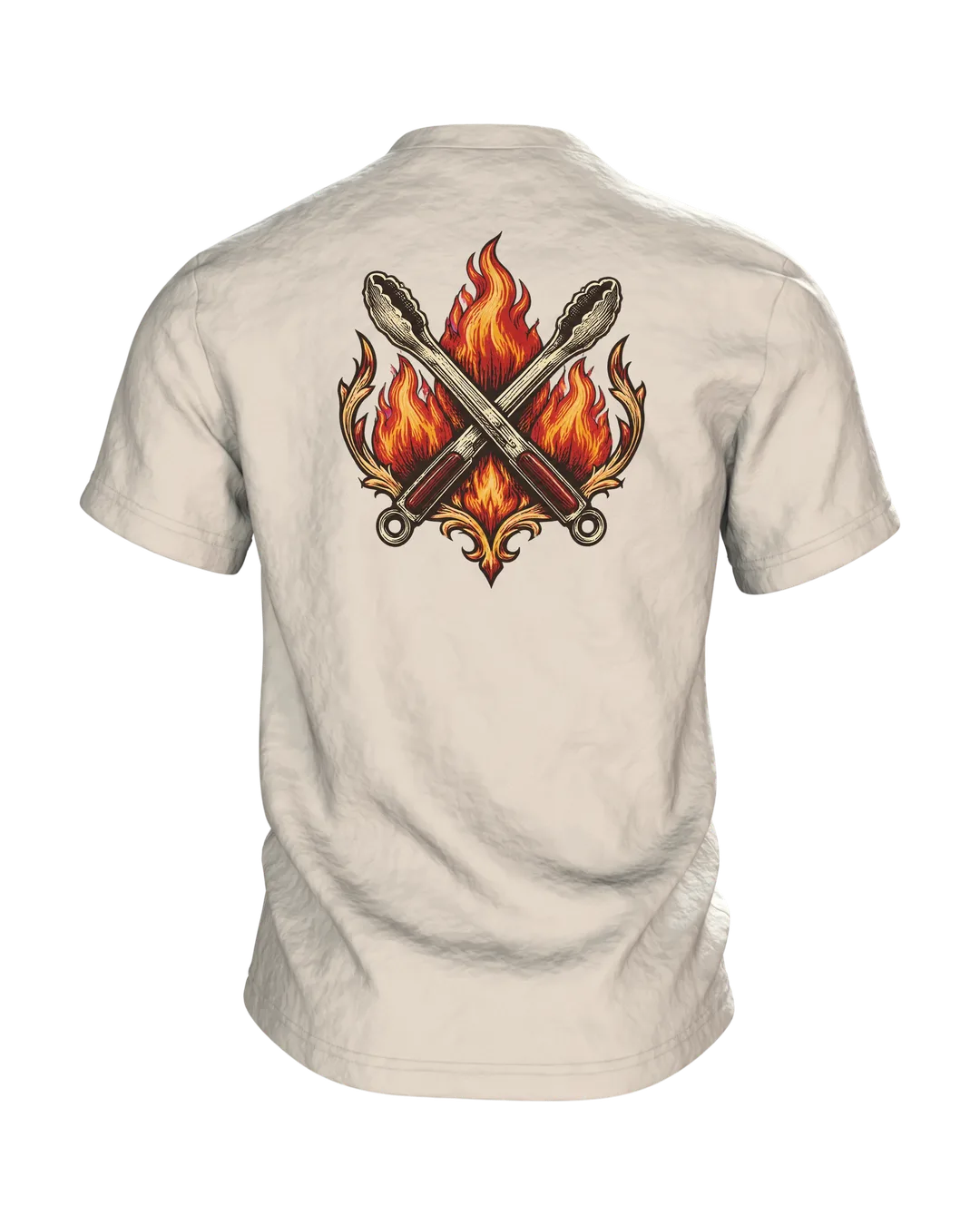 Grillzange T-Shirt „GRILLMEISTER“ Retro-Wappen mit Flammen im Kupferstich-Stil, BBQ Geschenk für Papa und Herren, Rückseite