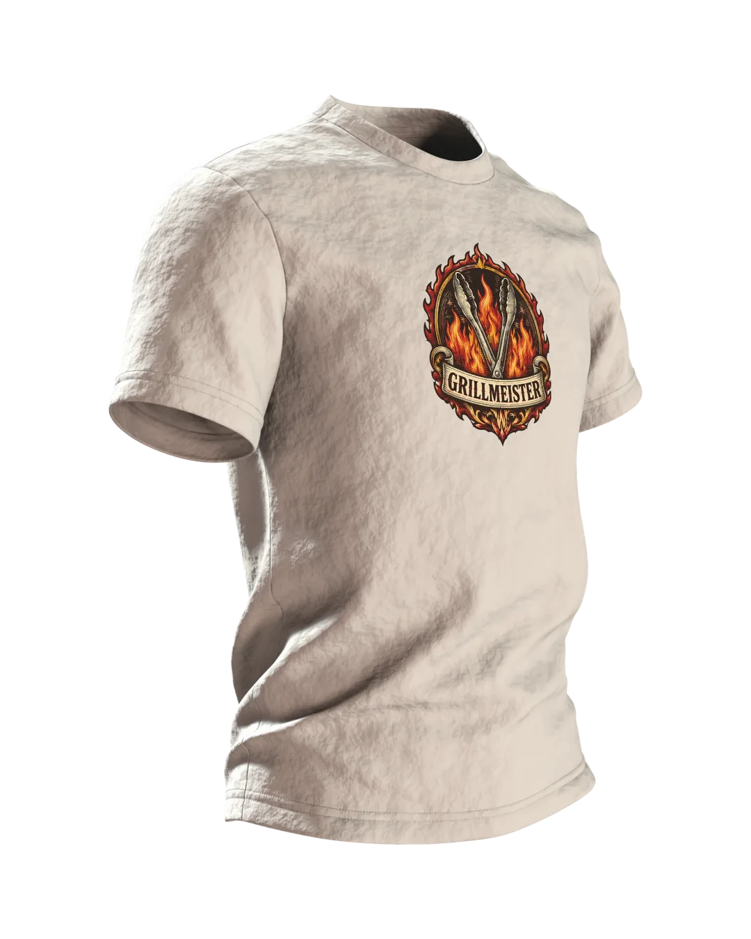 Grillzange T-Shirt „GRILLMEISTER“ Retro-Wappen mit Flammen im Kupferstich-Stil, BBQ Geschenk für Papa und Herren, Seitenansicht links