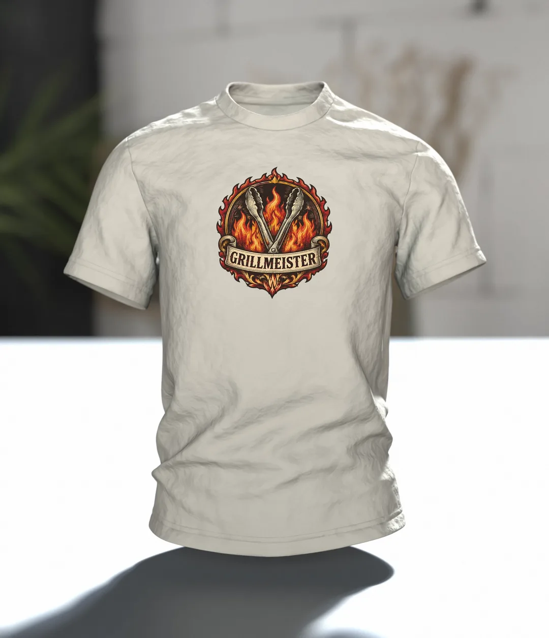 Grillzange T-Shirt „GRILLMEISTER“ Retro-Wappen mit Flammen im Kupferstich-Stil, BBQ Geschenk für Papa und Herren, Im Raum