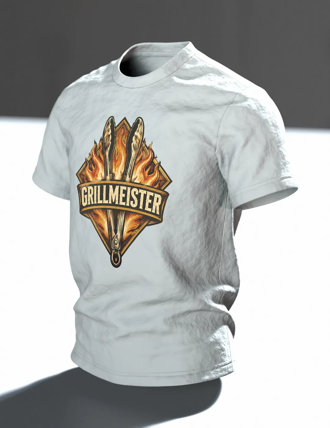 Grillmeister Wappen T-Shirt, Entwurfsfassung, Im Raum, schräg