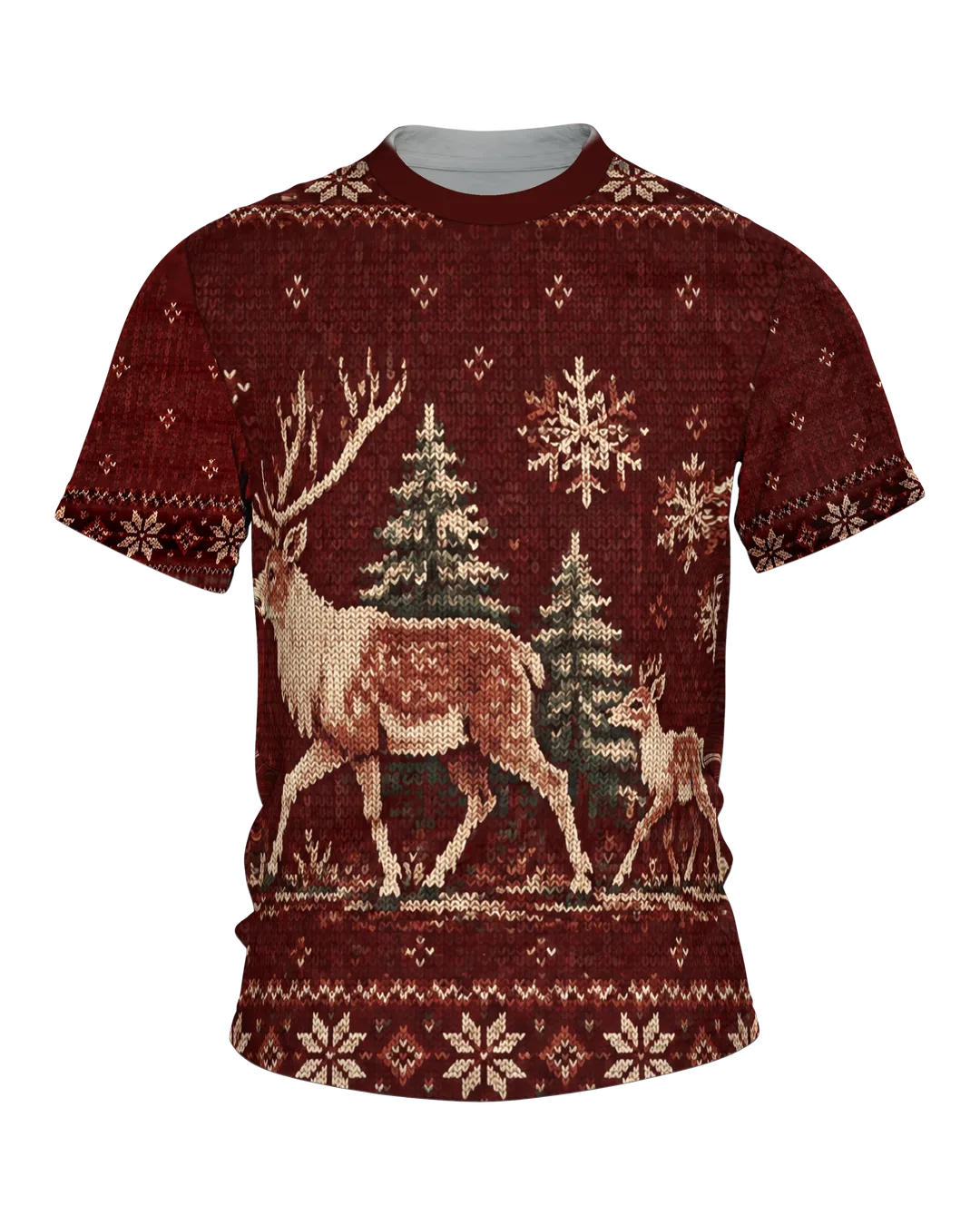 Norweger Rentiere Schneeflocken T-Shirt: Vintage Strick-Optik