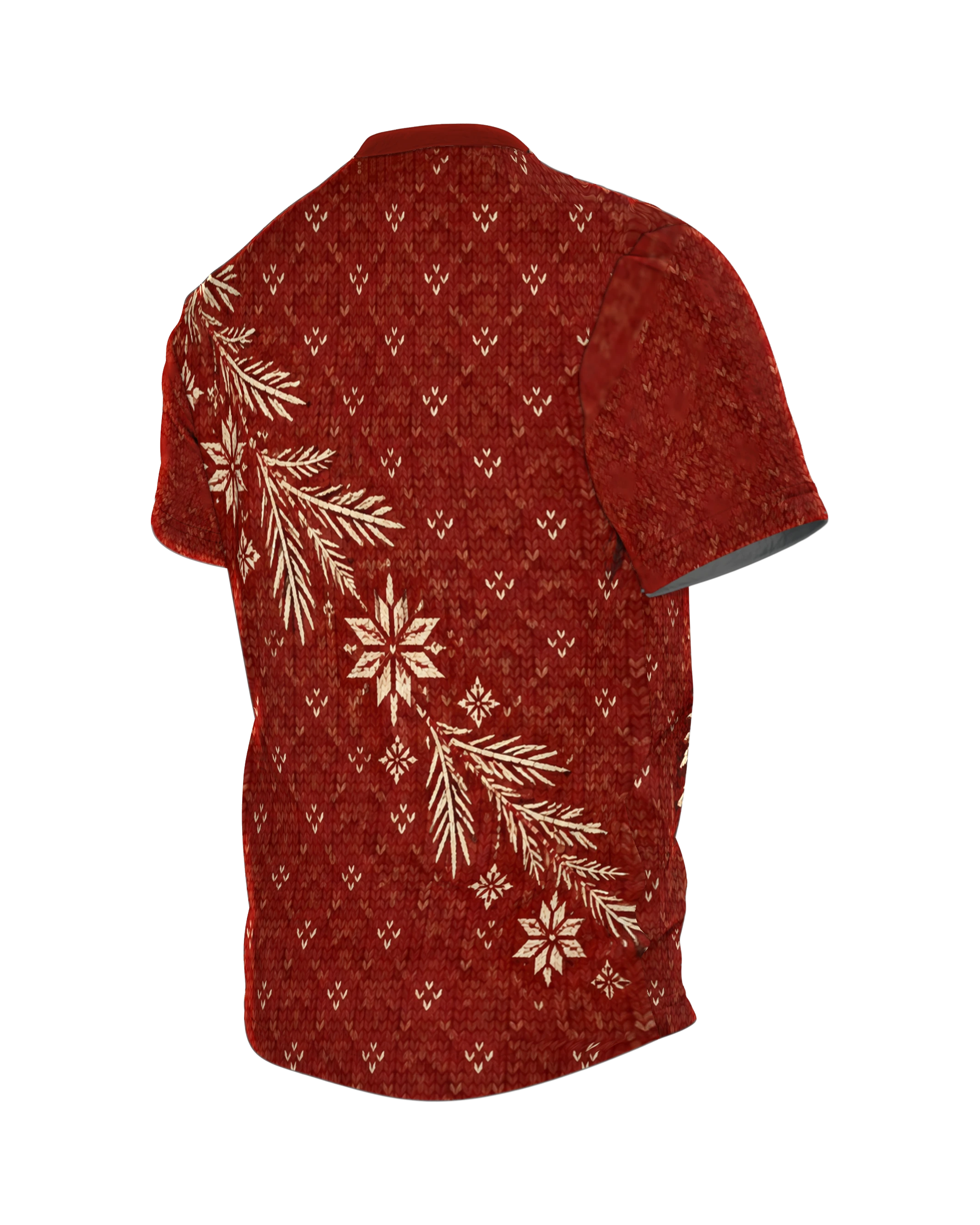 Norwegerstrick Hirsch T-Shirt mit Selbu-Stern und Tannen, Norwegermuster als Rundum-Druck in Ziegelrot und Cremeweiß, Rückseite schräg links