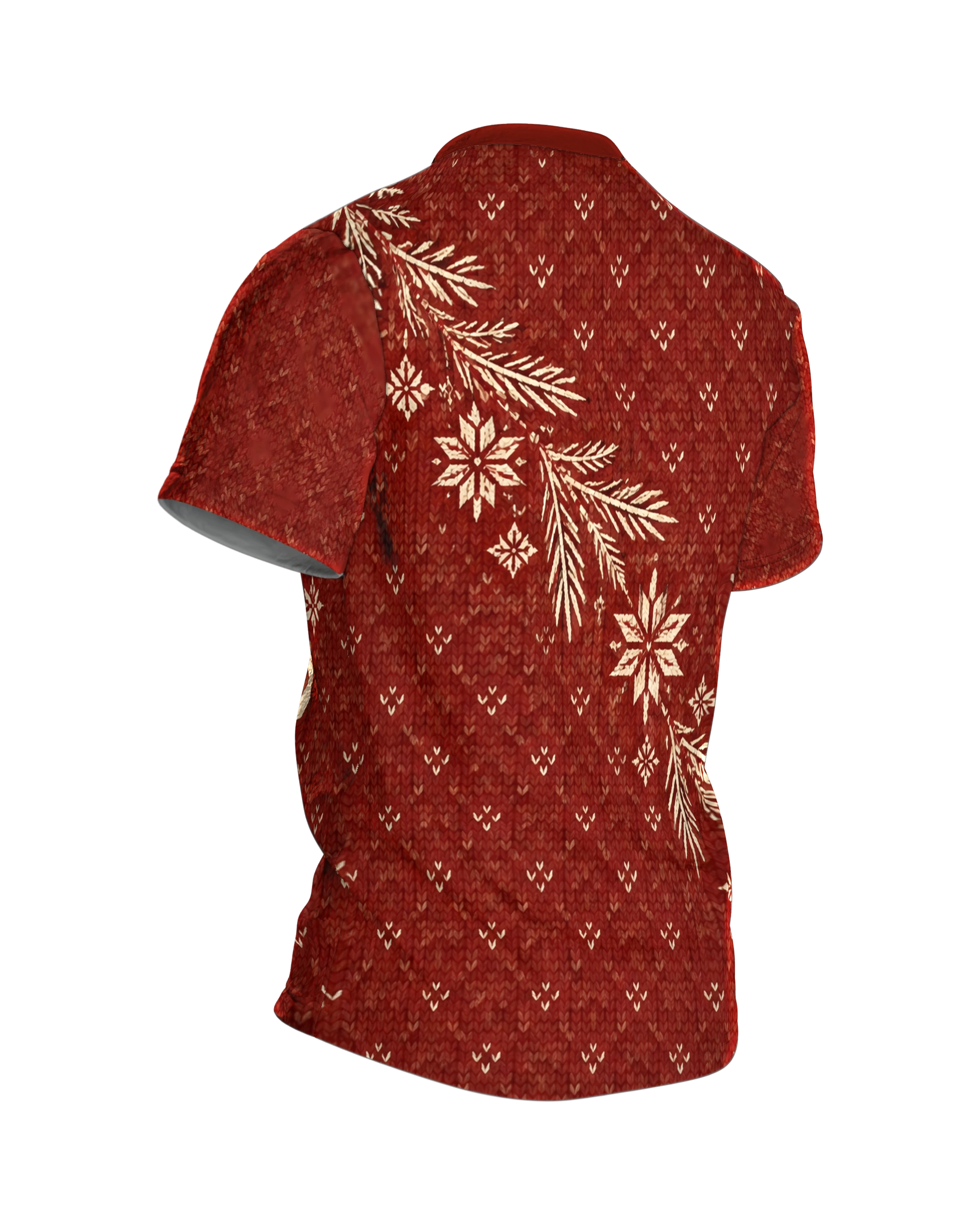 Norwegerstrick Hirsch T-Shirt mit Selbu-Stern und Tannen, Norwegermuster als Rundum-Druck in Ziegelrot und Cremeweiß, Rückseite schräg rechts