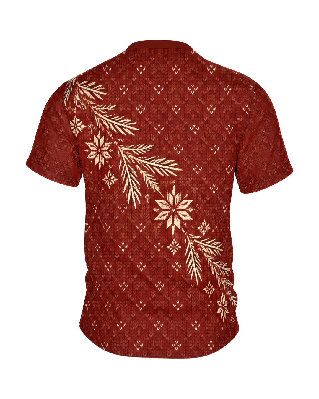 Norwegerstrick Hirsch T-Shirt mit Selbu-Stern und Tannen, Norwegermuster als Rundum-Druck in Ziegelrot und Cremeweiß, Rückseite