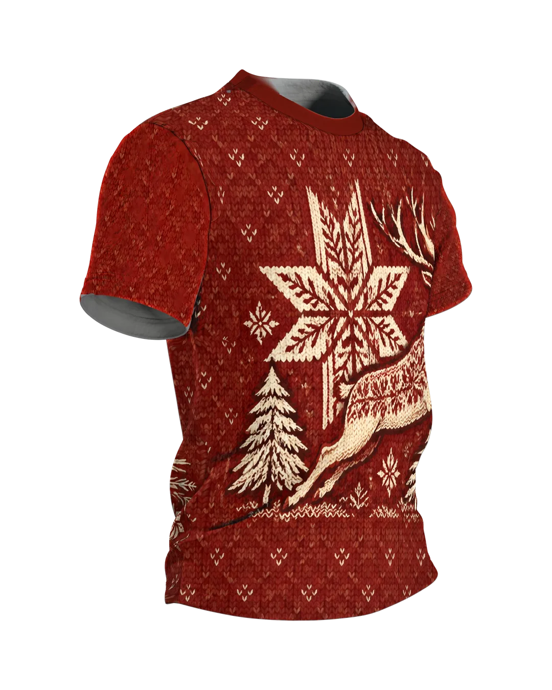 Norwegerstrick Hirsch T-Shirt mit Selbu-Stern und Tannen, Norwegermuster als Rundum-Druck in Ziegelrot und Cremeweiß, Seitenansicht links