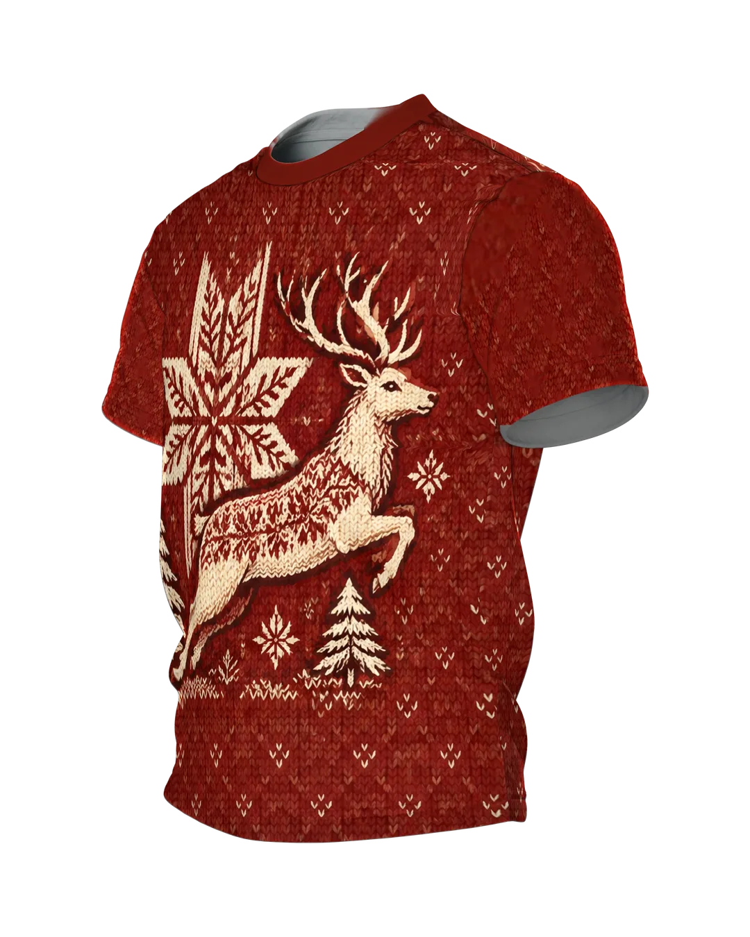 Norwegerstrick Hirsch T-Shirt mit Selbu-Stern und Tannen, Norwegermuster als Rundum-Druck in Ziegelrot und Cremeweiß, Seitenansicht rechts