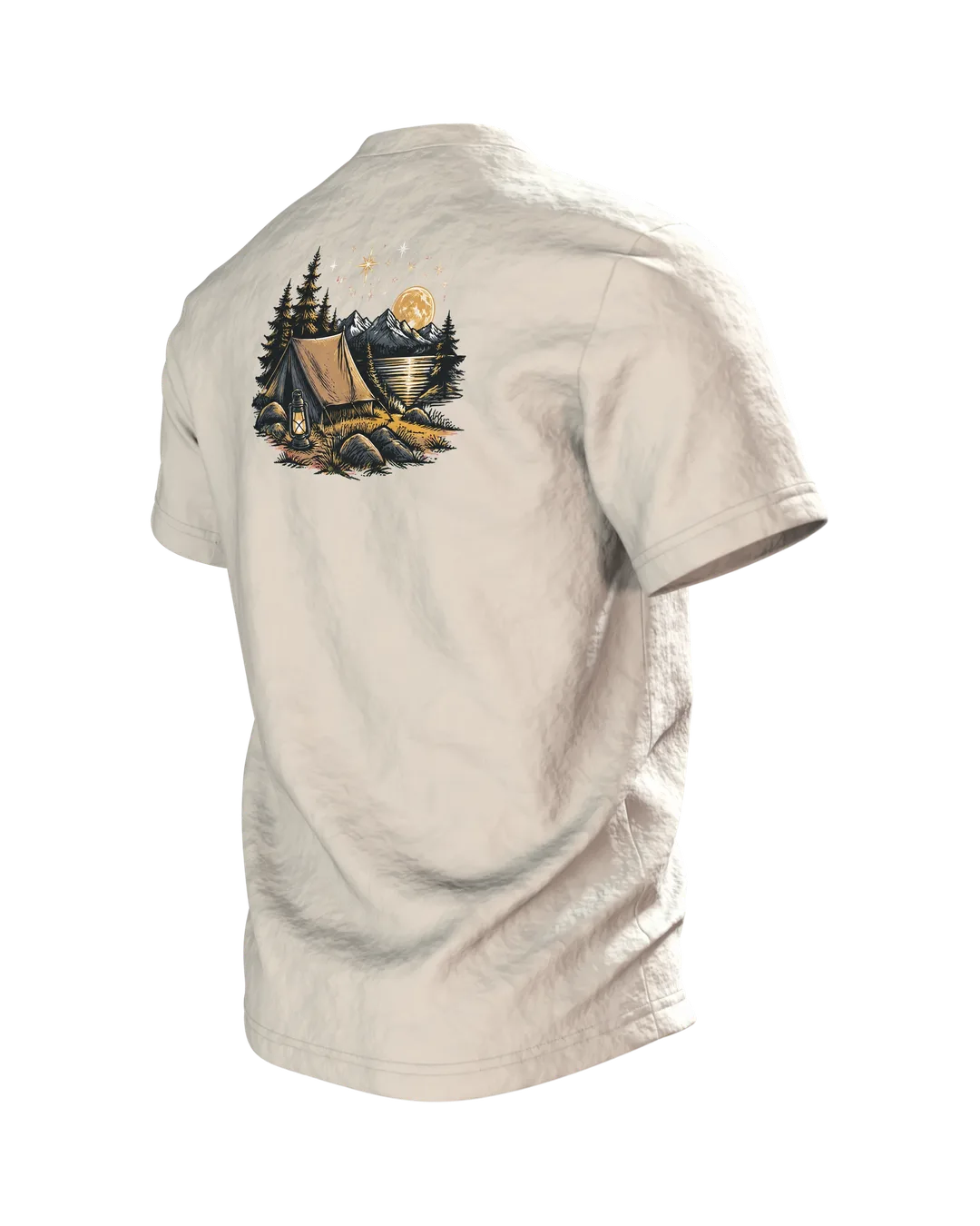 Zelt Lagerfeuer Wappen T-Shirt: Zuhause ist, wo das Zelt steht, Back, angled left