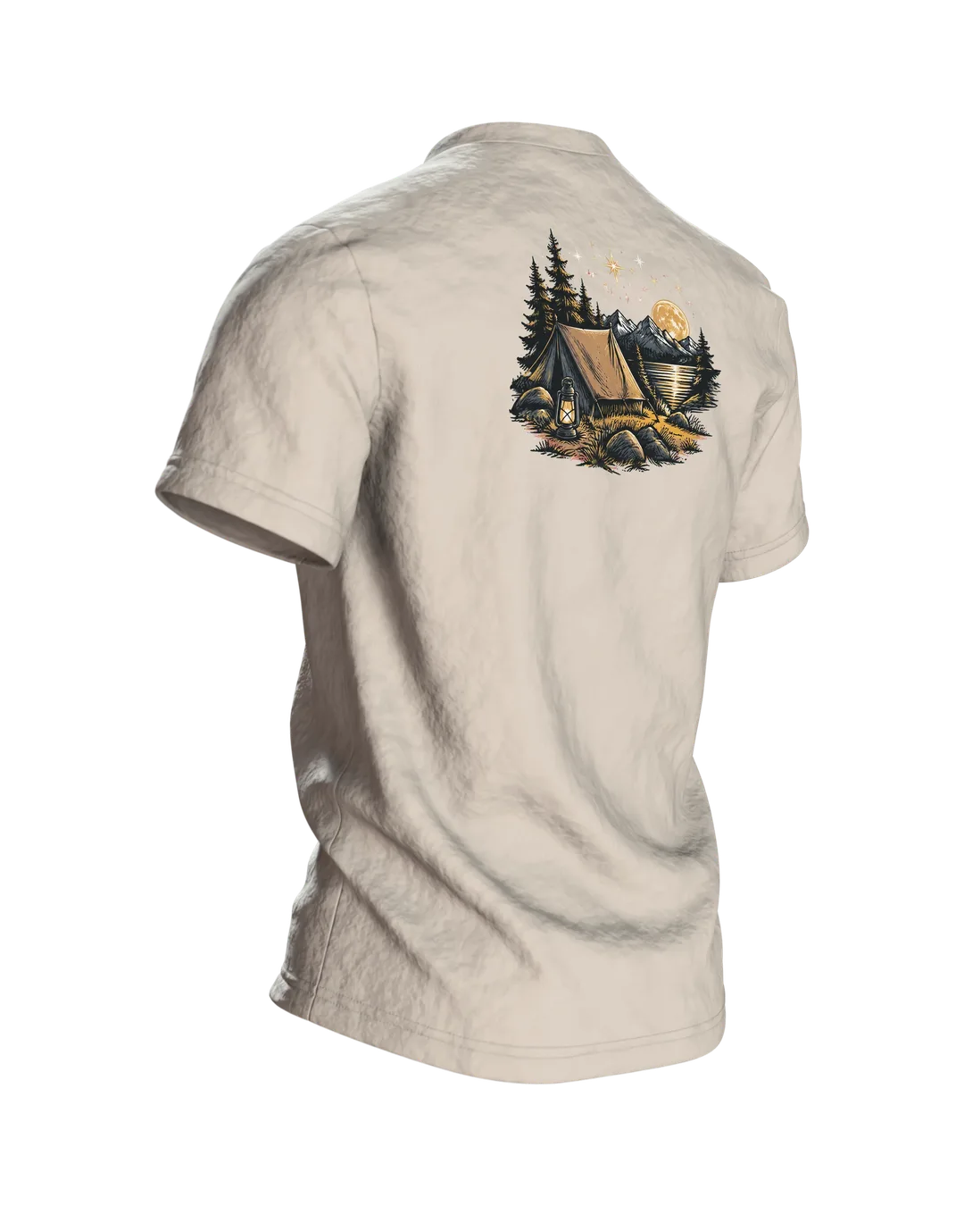 Zelt Lagerfeuer Wappen T-Shirt: Zuhause ist, wo das Zelt steht, Back, angled right