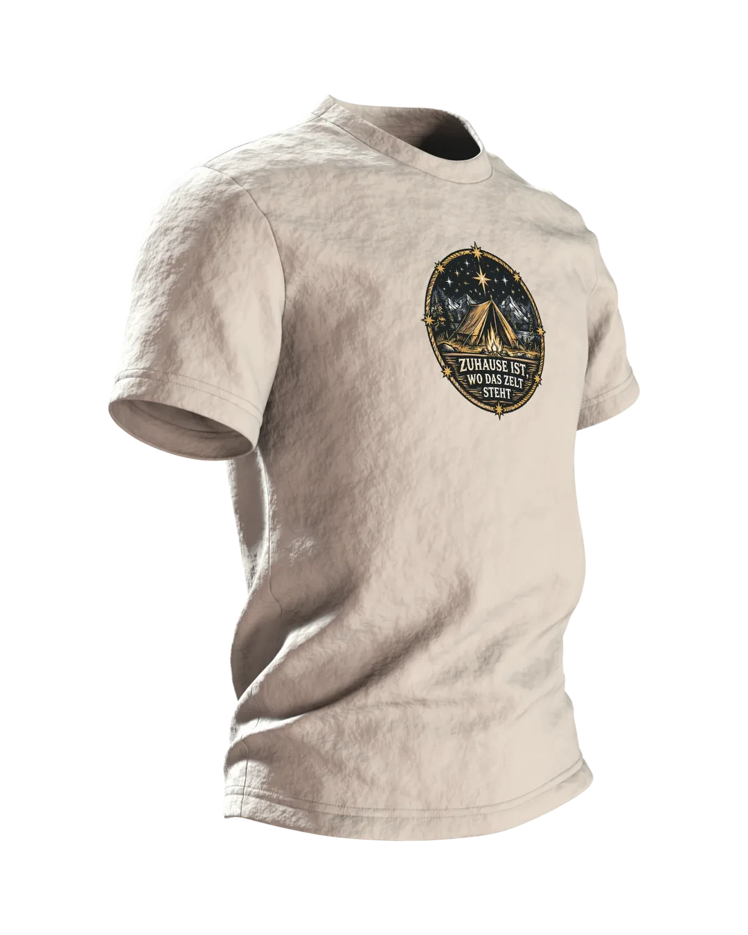 Zelt Lagerfeuer Wappen T-Shirt: Zuhause ist, wo das Zelt steht, Side view, left