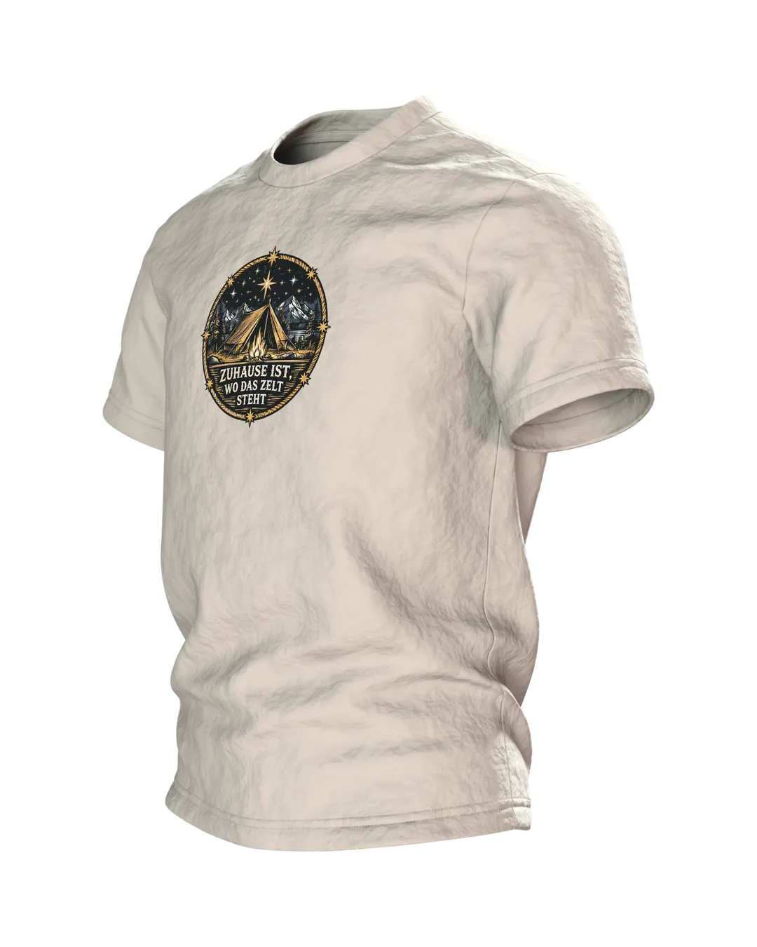 Zelt Lagerfeuer Wappen T-Shirt: Zuhause ist, wo das Zelt steht, Side view, right