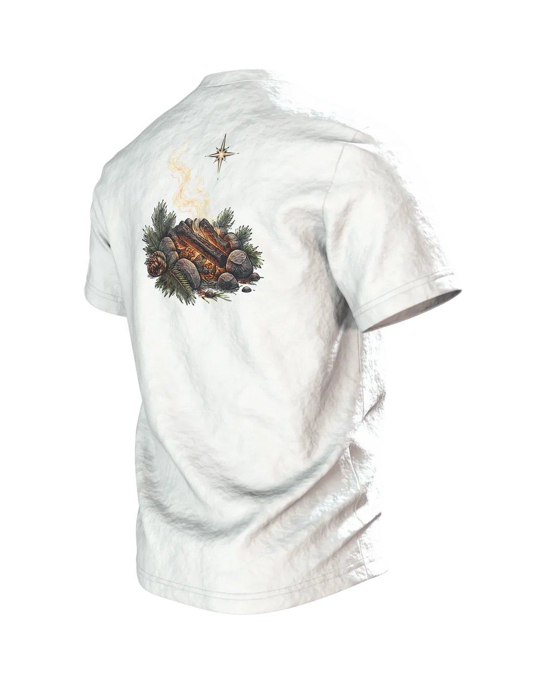 Zelt Wappen T-Shirt „ZUHAUSE IST, WO DAS ZELT STEHT“ mit Lagerfeuer, Bergen und Sternenhimmel, Camping Geschenk für Männer, Rückseite schräg links