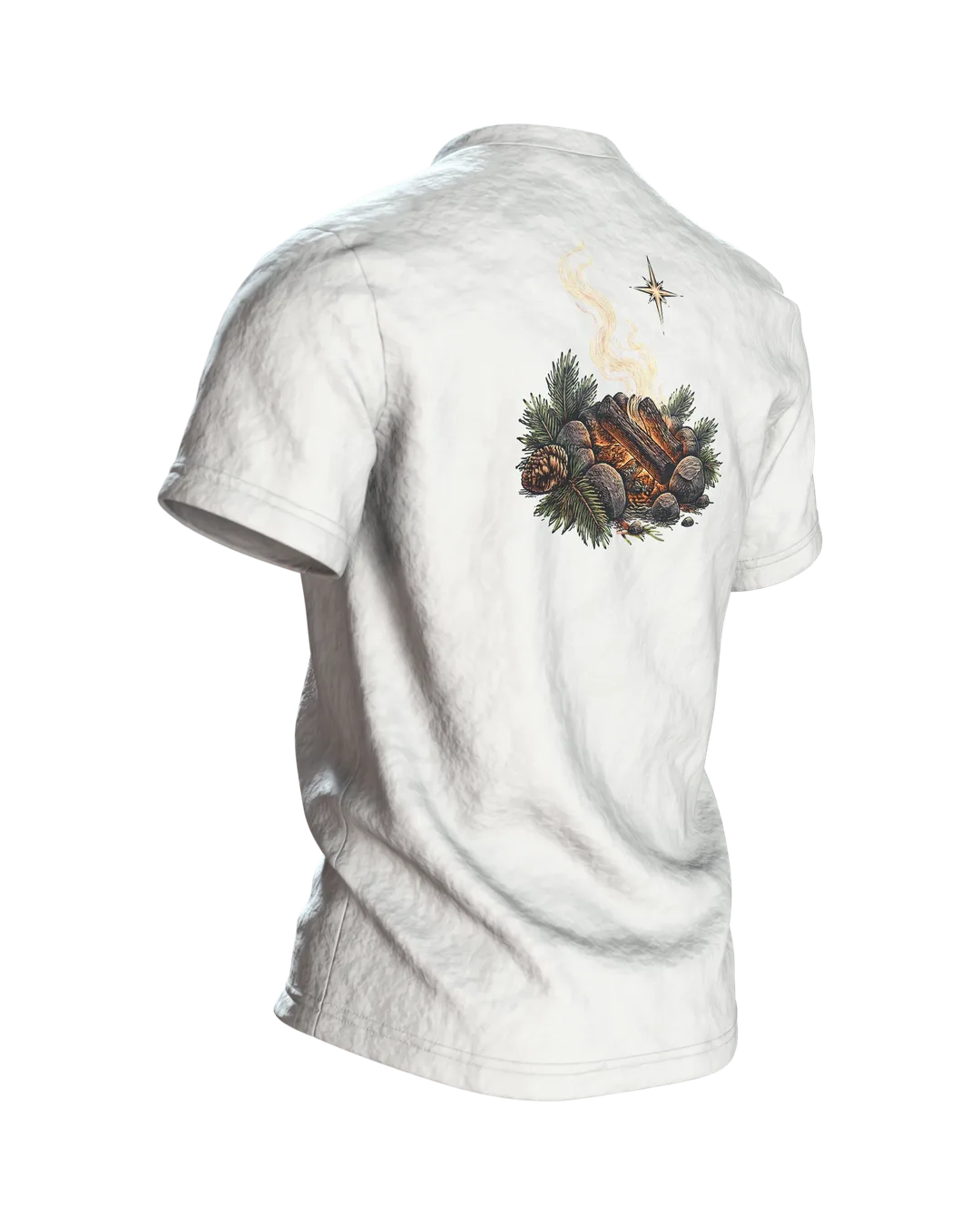 Zelt Wappen T-Shirt „ZUHAUSE IST, WO DAS ZELT STEHT“ mit Lagerfeuer, Bergen und Sternenhimmel, Camping Geschenk für Männer, Rückseite schräg rechts