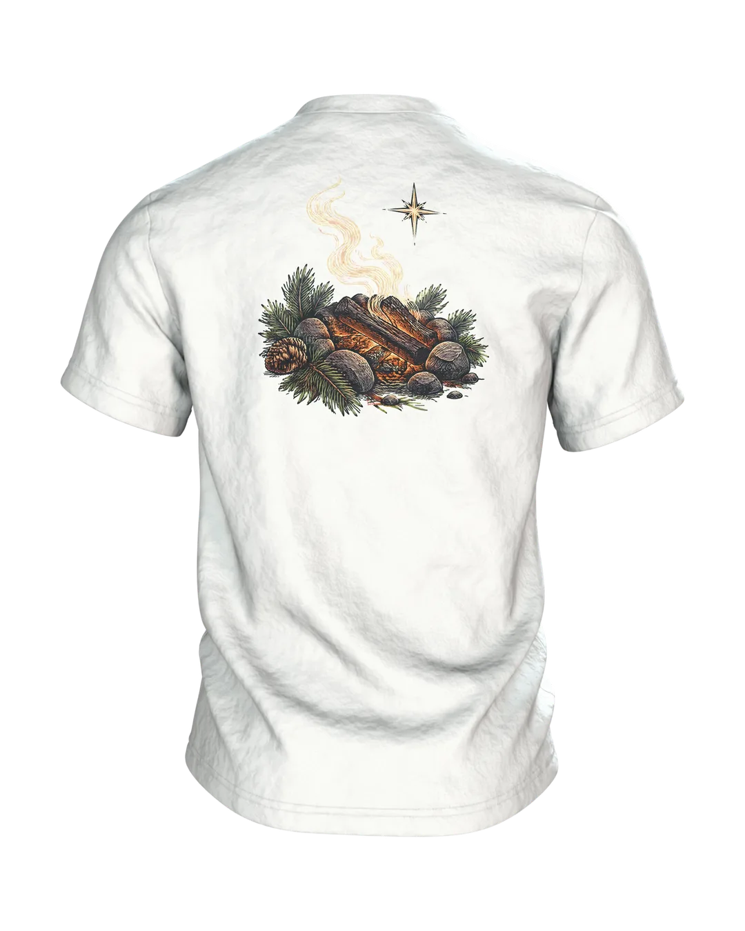 Zelt Wappen T-Shirt „ZUHAUSE IST, WO DAS ZELT STEHT“ mit Lagerfeuer, Bergen und Sternenhimmel, Camping Geschenk für Männer, Rückseite