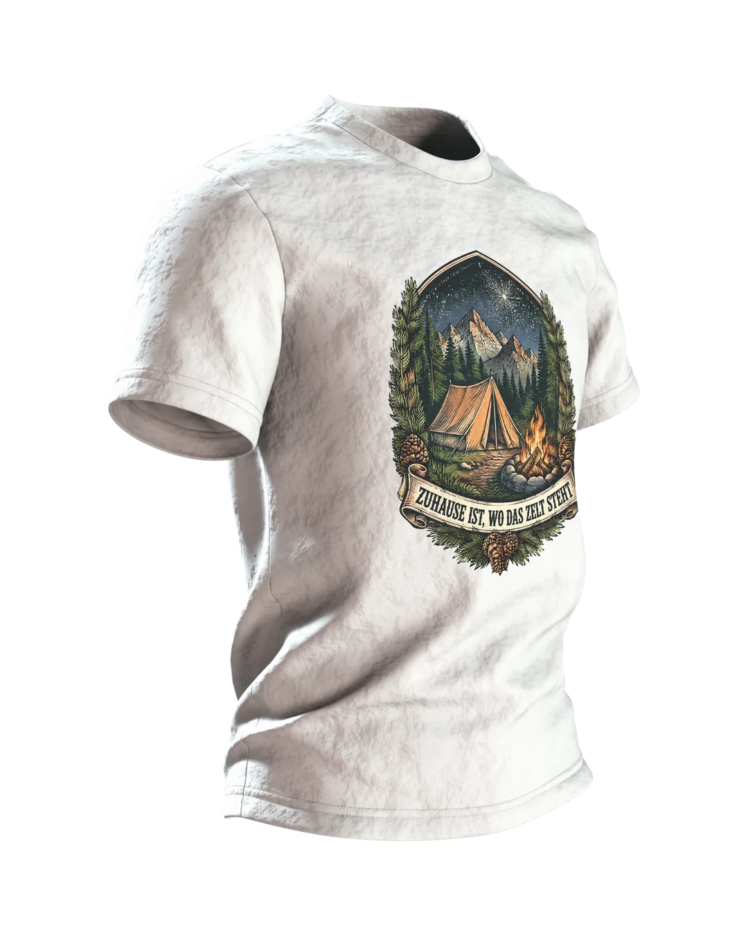 Zelt Wappen T-Shirt „ZUHAUSE IST, WO DAS ZELT STEHT“ mit Lagerfeuer, Bergen und Sternenhimmel, Camping Geschenk für Männer, Seitenansicht links