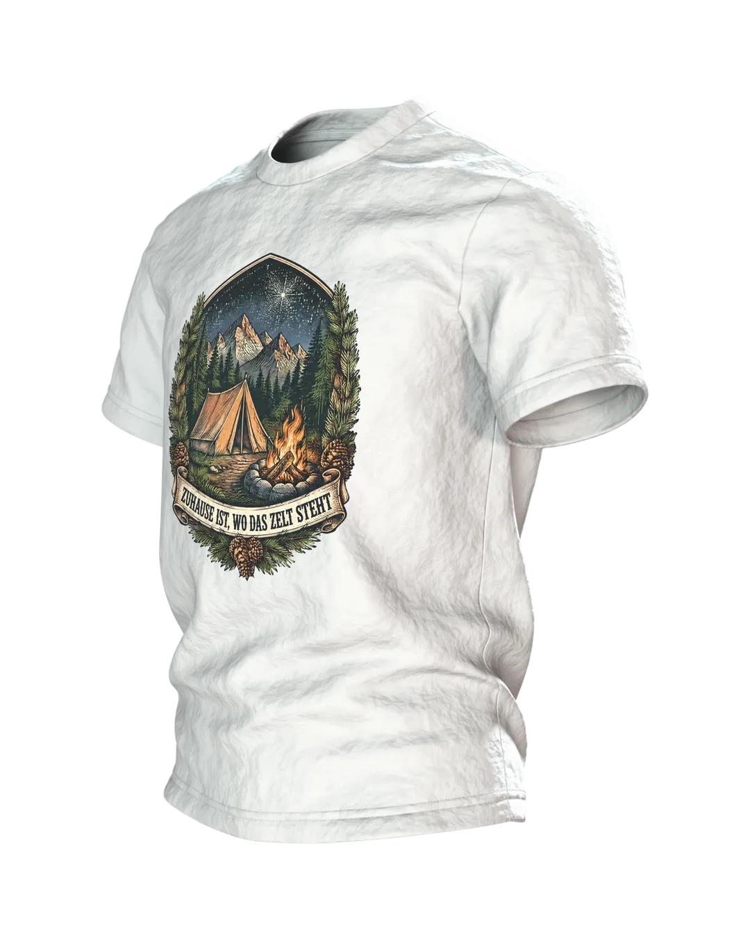 Zelt Wappen T-Shirt „ZUHAUSE IST, WO DAS ZELT STEHT“ mit Lagerfeuer, Bergen und Sternenhimmel, Camping Geschenk für Männer, Seitenansicht rechts