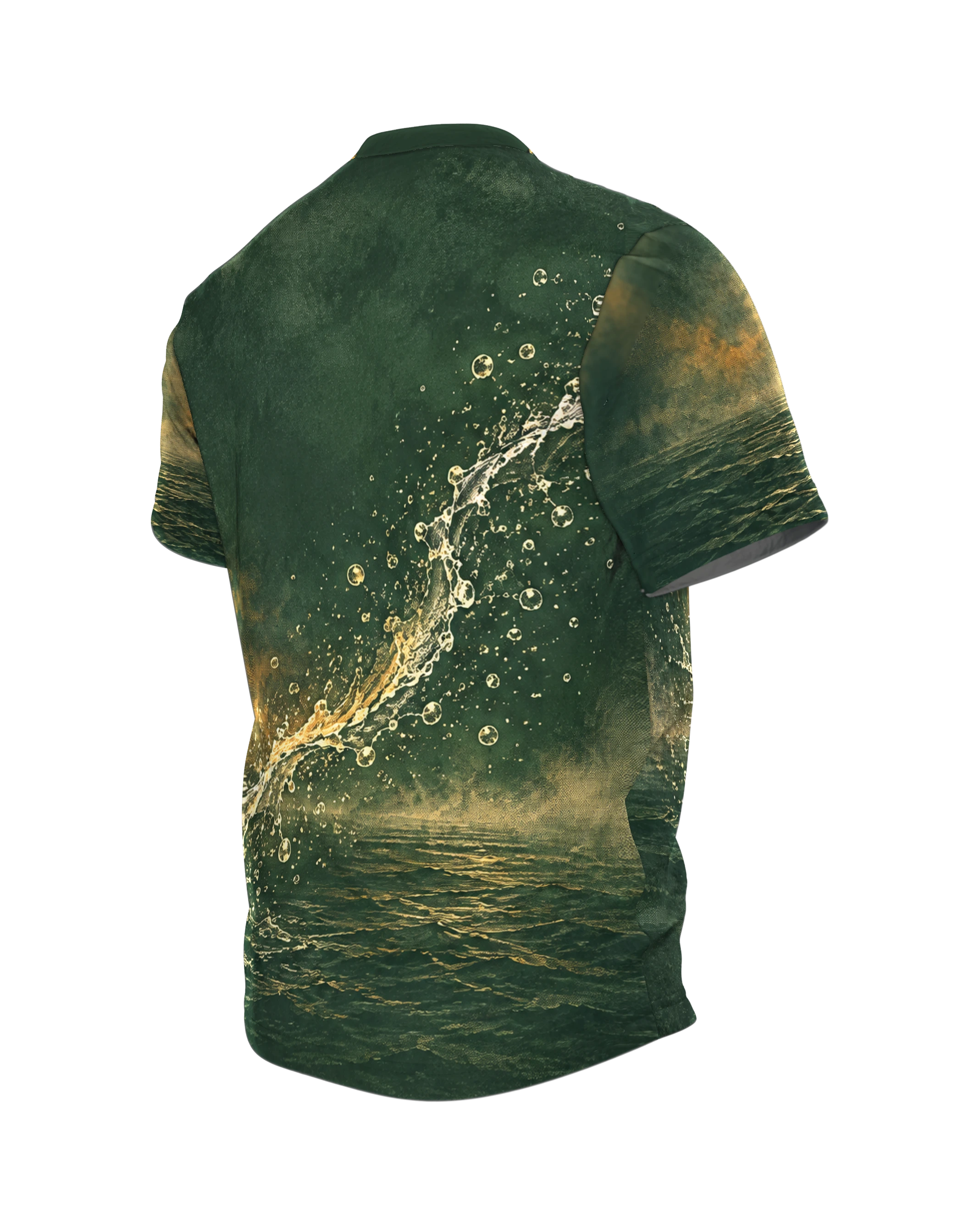 Springender Hecht bei Sonnenaufgang T-Shirt, Entwurfsfassung, Rückseite schräg links