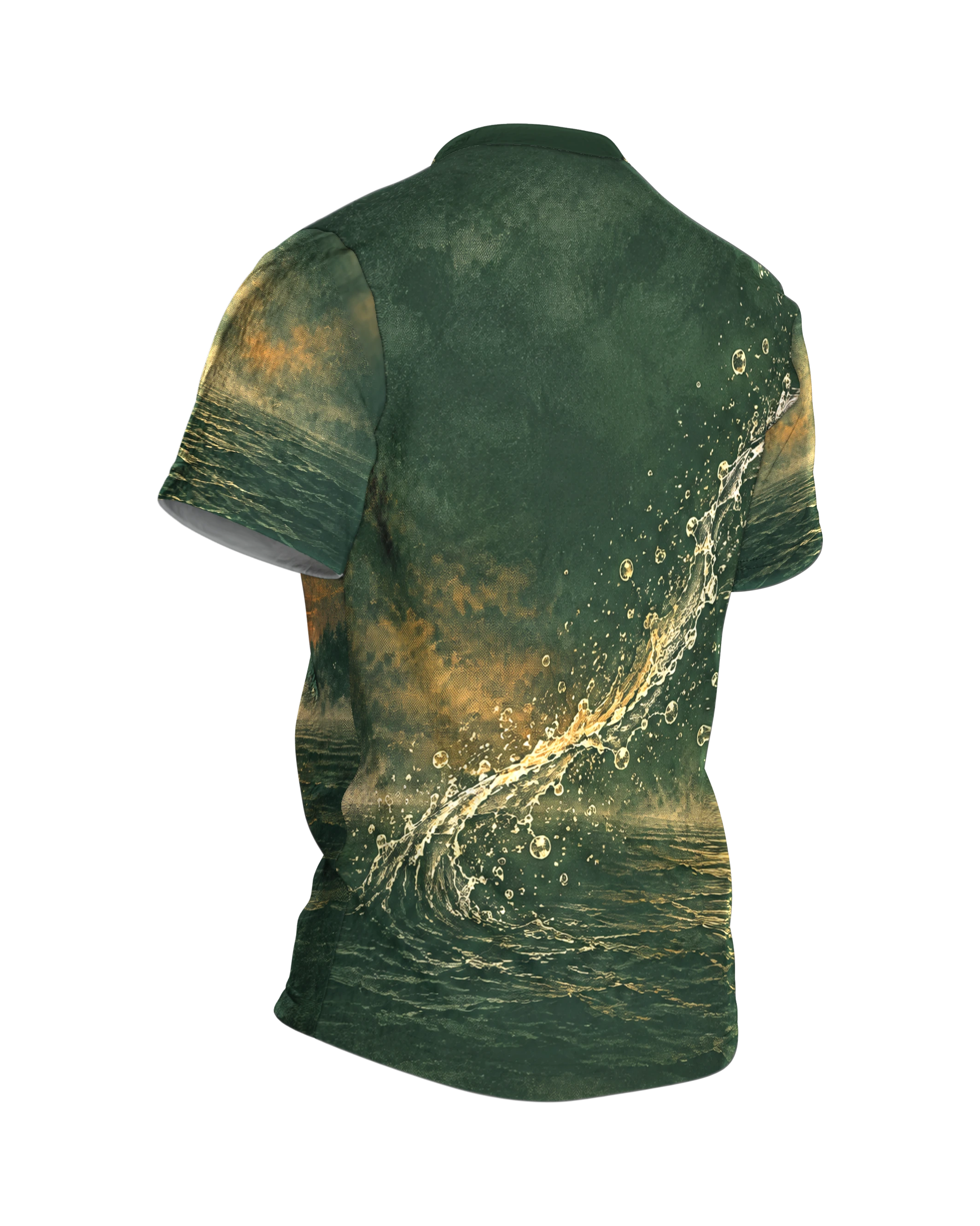 Springender Hecht bei Sonnenaufgang T-Shirt, Entwurfsfassung, Rückseite schräg rechts