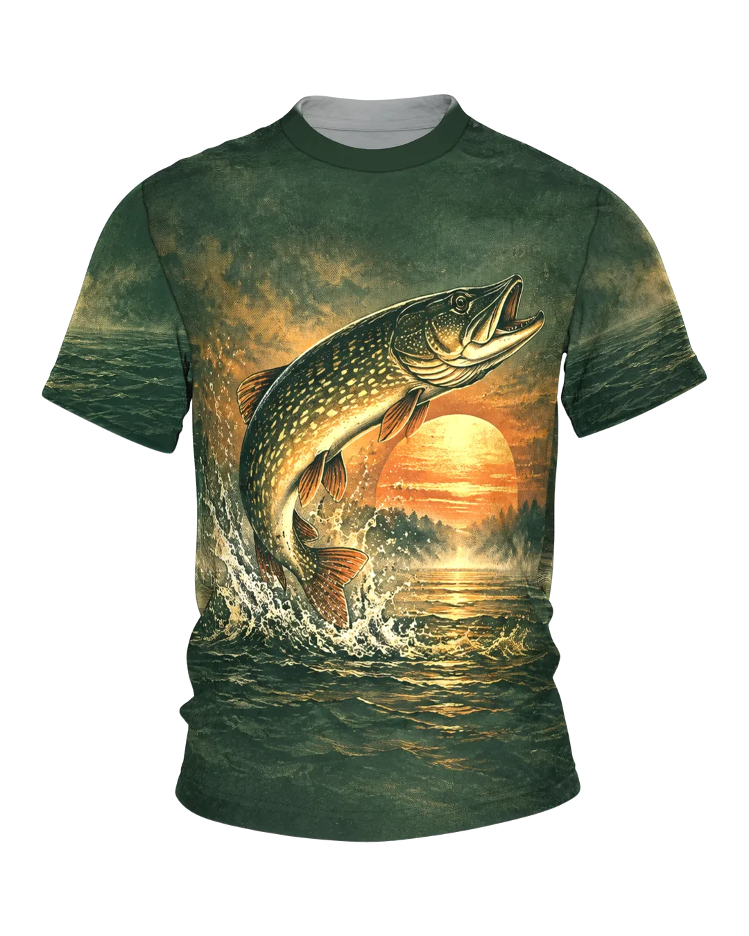 Springender Hecht bei Sonnenaufgang T-Shirt, Entwurfsfassung