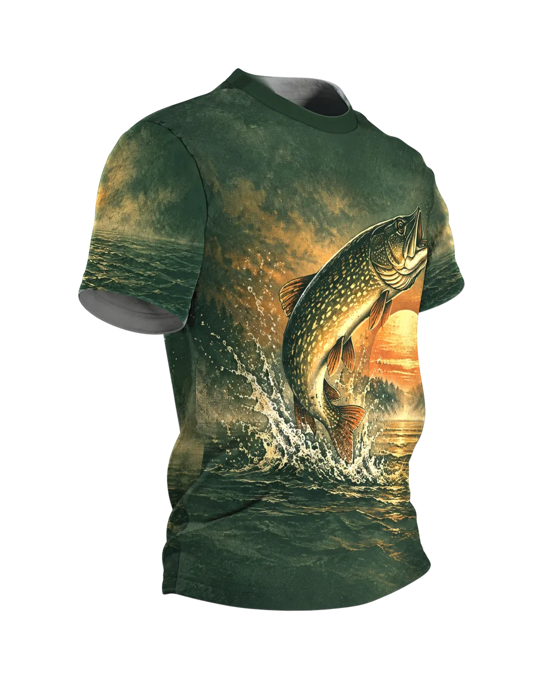 Springender Hecht bei Sonnenaufgang T-Shirt, Entwurfsfassung, Seitenansicht links