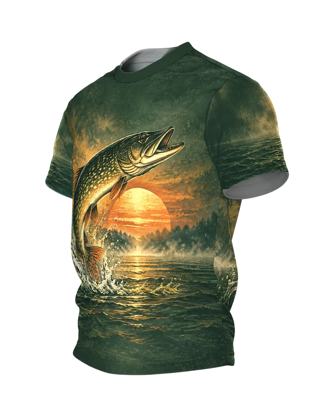 Springender Hecht bei Sonnenaufgang T-Shirt, Entwurfsfassung, Seitenansicht rechts