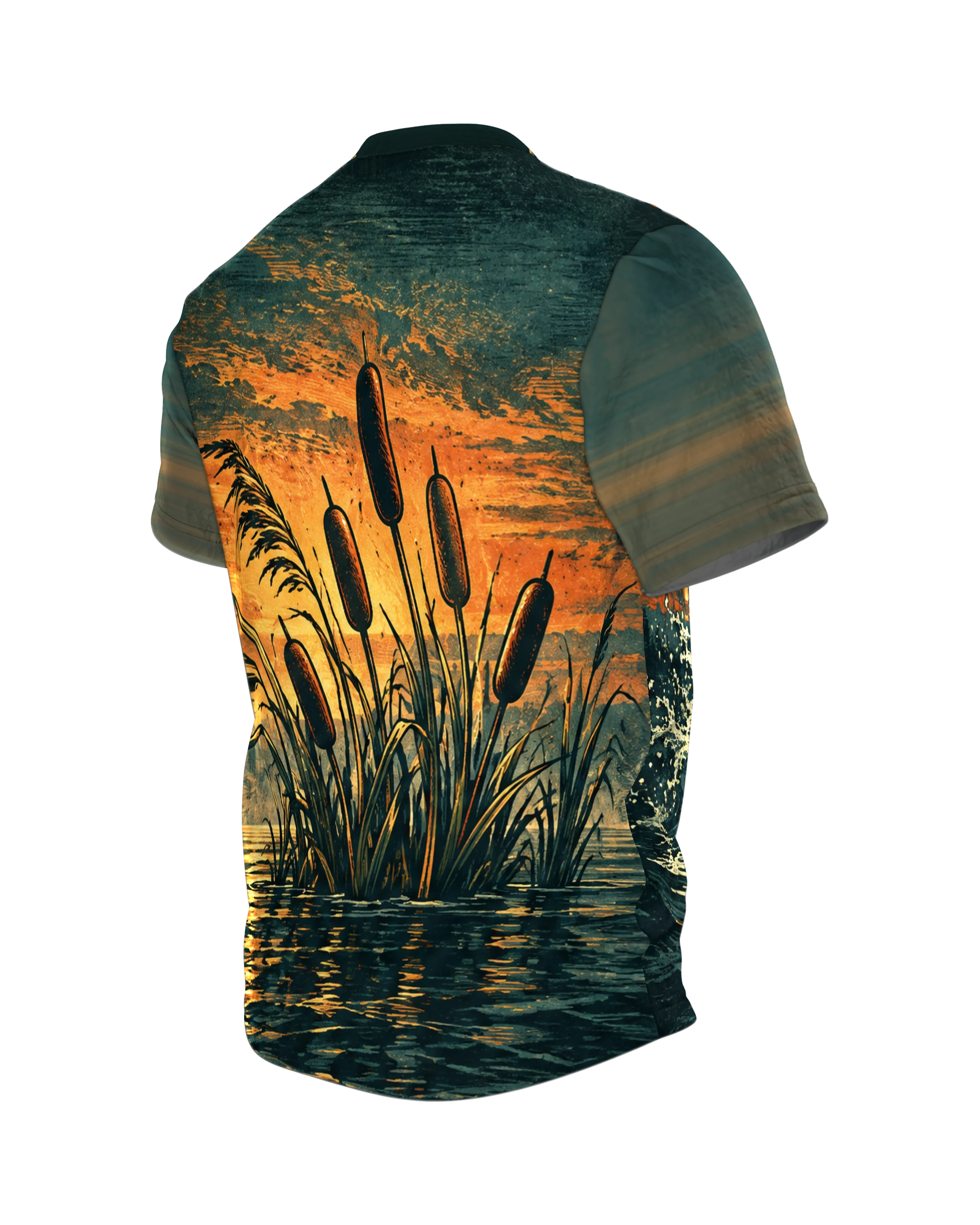 Springender Hecht T-Shirt bei Sonnenaufgang am See, Retro-Linolschnitt mit Schilf auf dem Rücken, Rundum-Druck für Angler, Rückseite schräg links