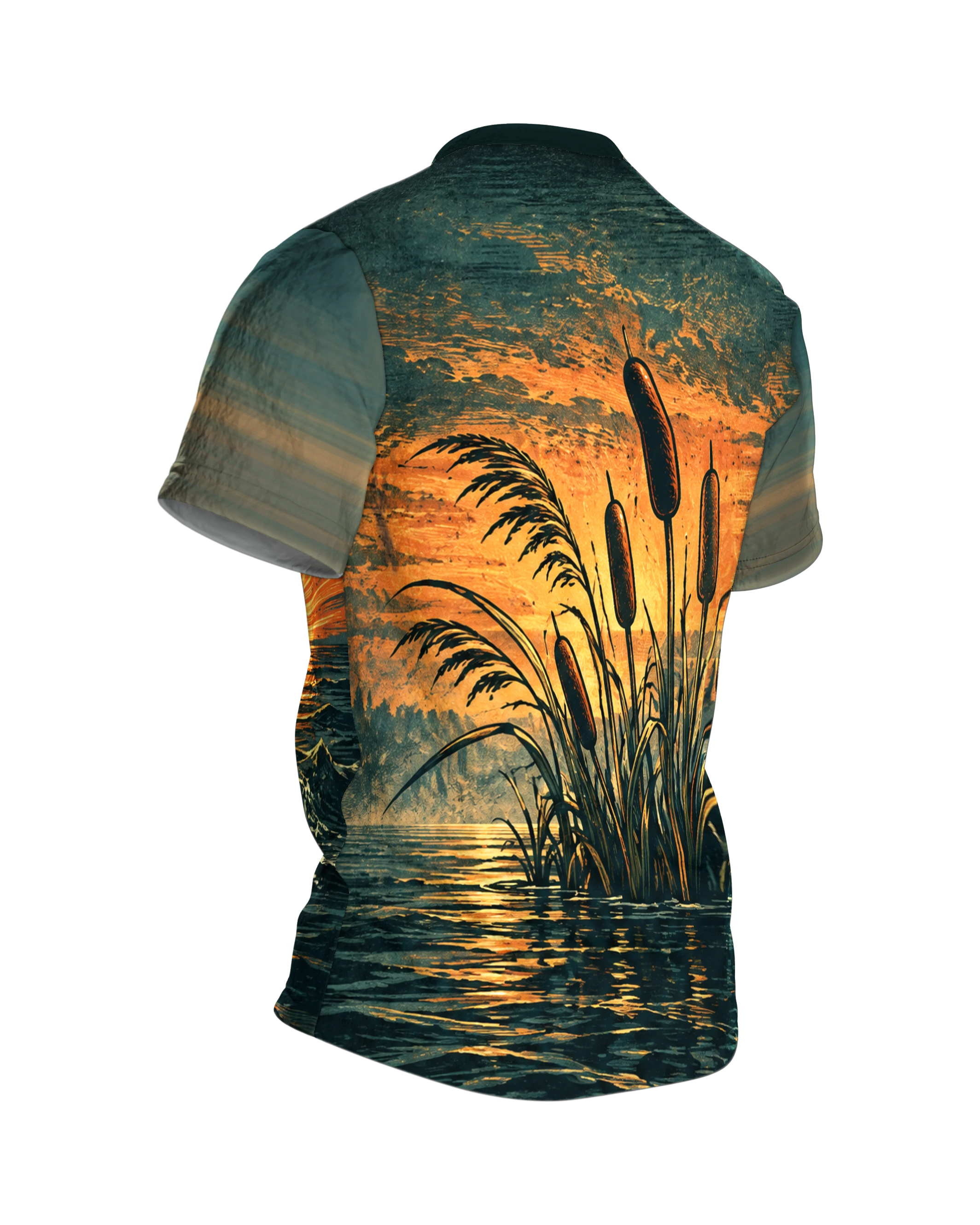 Springender Hecht T-Shirt bei Sonnenaufgang am See, Retro-Linolschnitt mit Schilf auf dem Rücken, Rundum-Druck für Angler, Rückseite schräg rechts