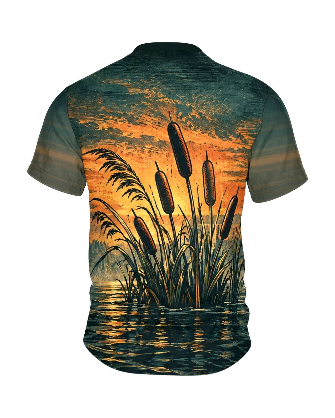 Springender Hecht T-Shirt bei Sonnenaufgang am See, Retro-Linolschnitt mit Schilf auf dem Rücken, Rundum-Druck für Angler, Rückseite